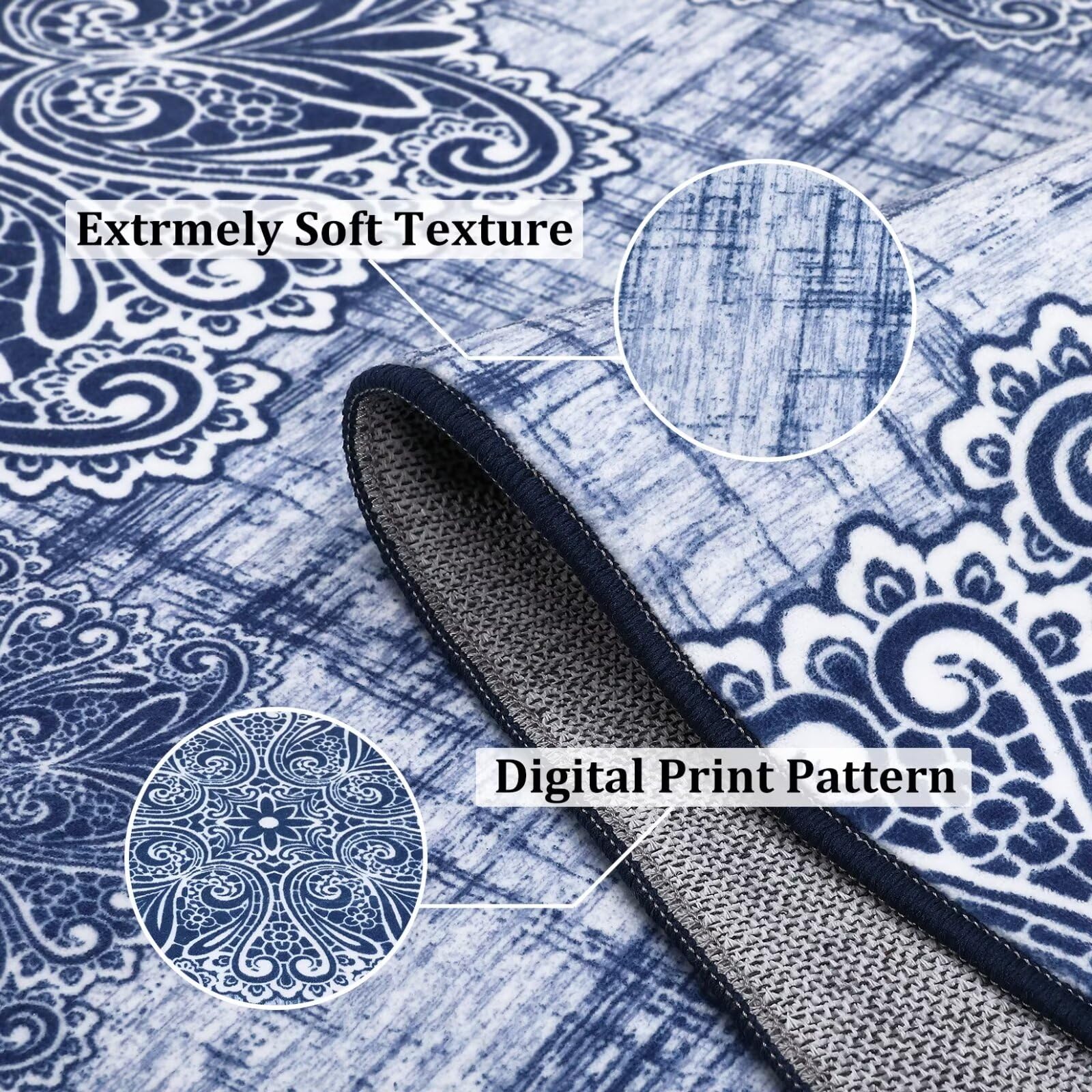 Garvee Area Rug 2x6 Washable Rug Runner Rug Medallion Vintage Rugs Hallway Distressed Rug Kitchen Blue Indoor Foldable Thin Rug Non Slip Carpet Bathroom - Image 6