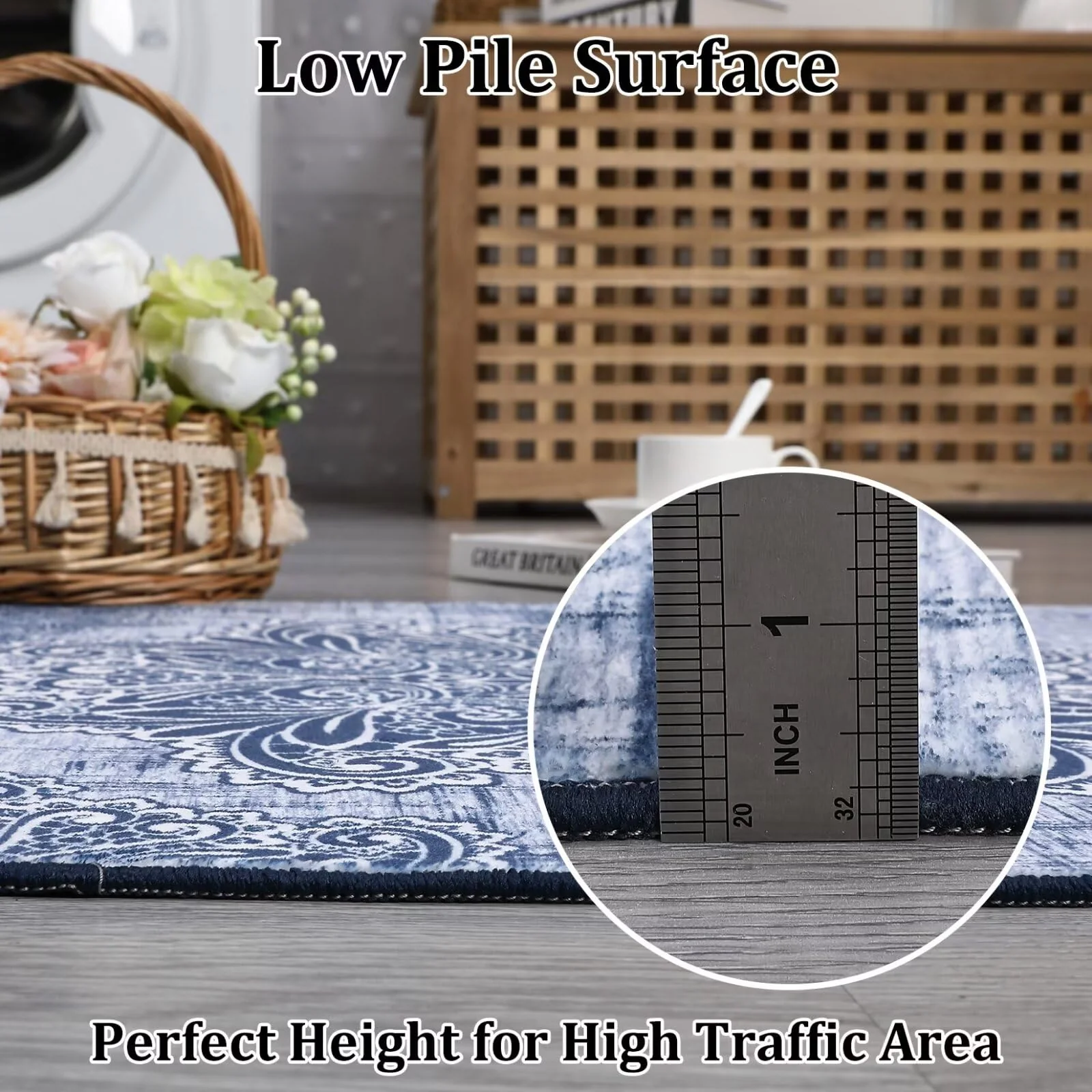Garvee Area Rug 2x6 Washable Rug Runner Rug Medallion Vintage Rugs Hallway Distressed Rug Kitchen Blue Indoor Foldable Thin Rug Non Slip Carpet Bathroom - Image 7
