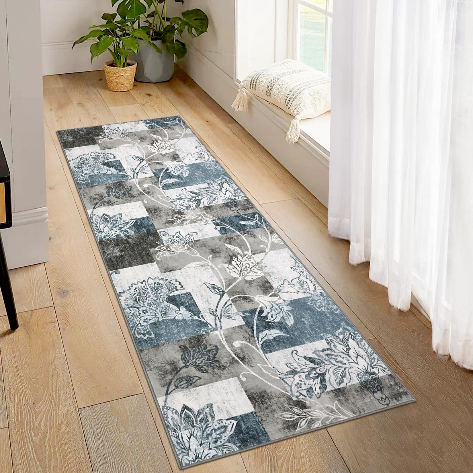 Garvee Runner Rug 2x6 Machine Washable Hallway Rug Modern Geometric Area Rug Non-Slip Distressed Throw Floor Carpet for Kitchen Laundry Room, Blue Grey - Image 7
