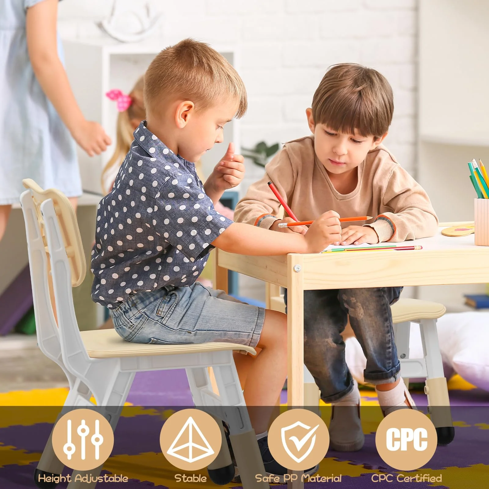 Garvee Set of 2 Kids Chairs in 3 Level Height Adjustable Design Suitable for Age 2-6 for Home Family Classroom Nursery Indoor Use, Natural - Image 4