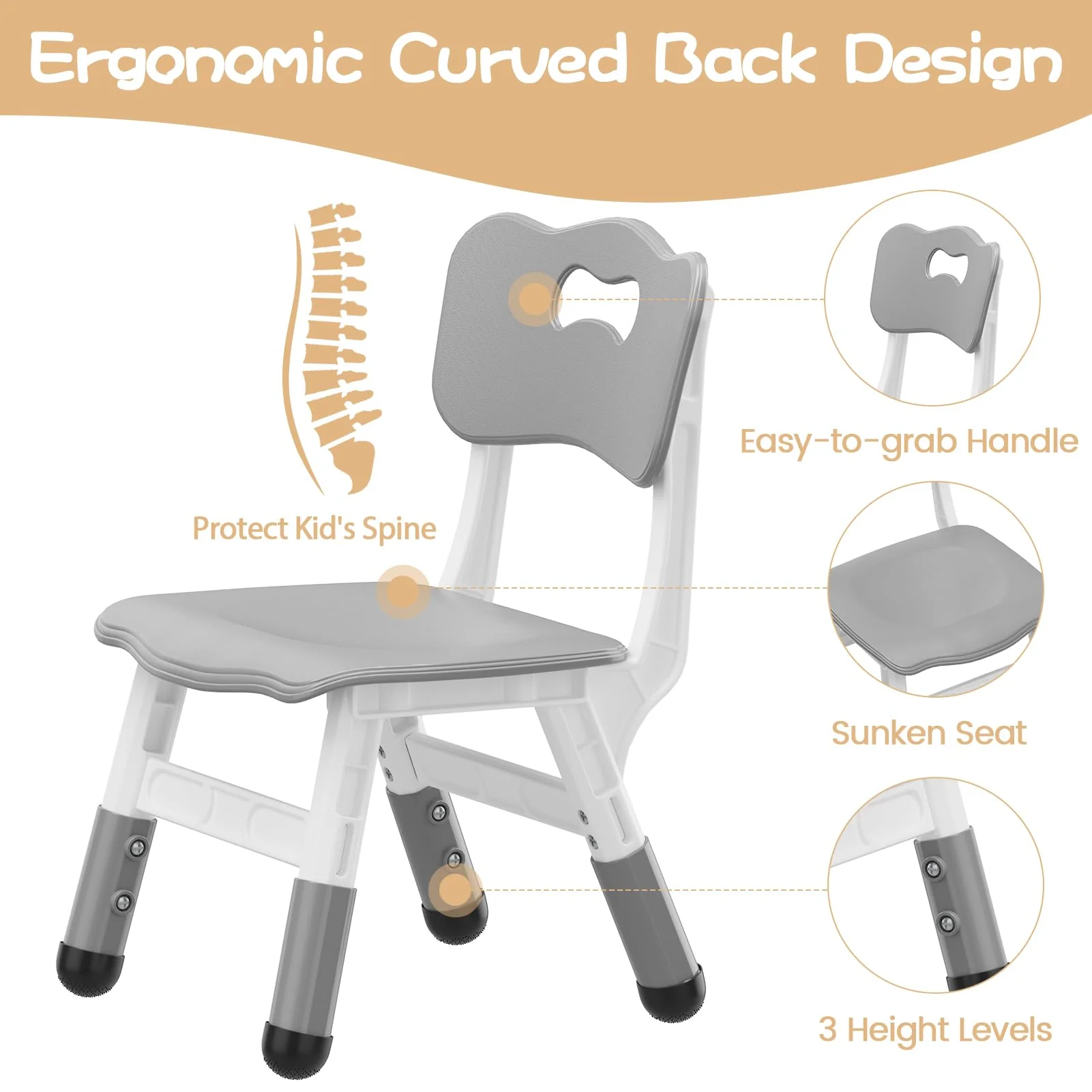 Garvee Set of 2 Kids Chairs in 3 Level Height Adjustable Design Suitable for Age 2-6 for Home Family Classroom Nursery Indoor Use, Grey - Image 4