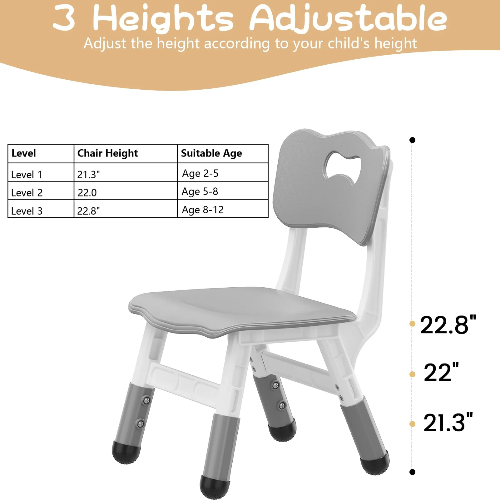 Garvee Set of 2 Kids Chairs in 3 Level Height Adjustable Design Suitable for Age 2-6 for Home Family Classroom Nursery Indoor Use, Grey - Image 7