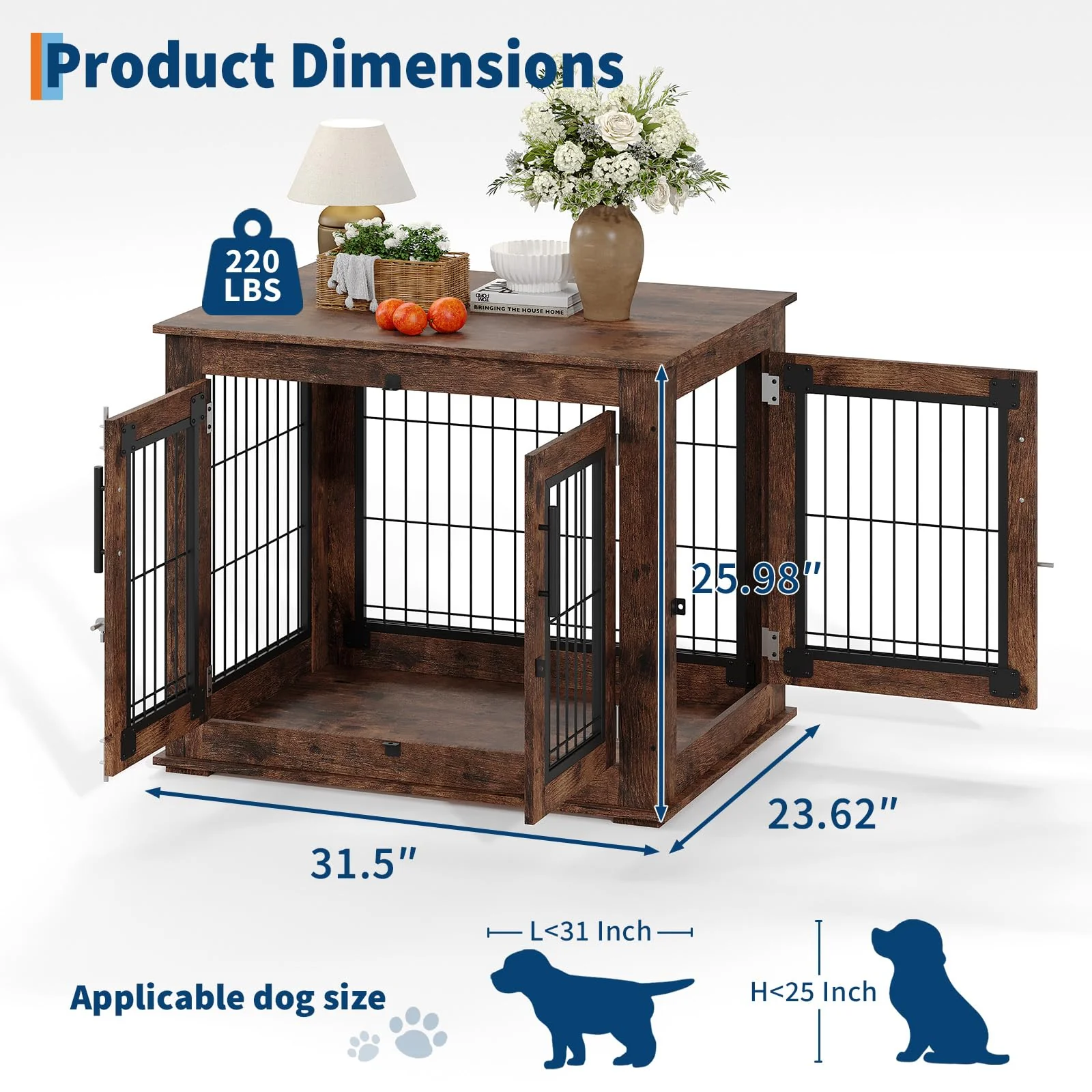 Garvee Medium Farmhouse Dog Crate Furniture End Table, Heavy Duty Wooden Kennel Cabinet with Double Doors for Small/Medium Dogs, Chew-Resistant Indoor Dog House Console for Living Room - Image 3
