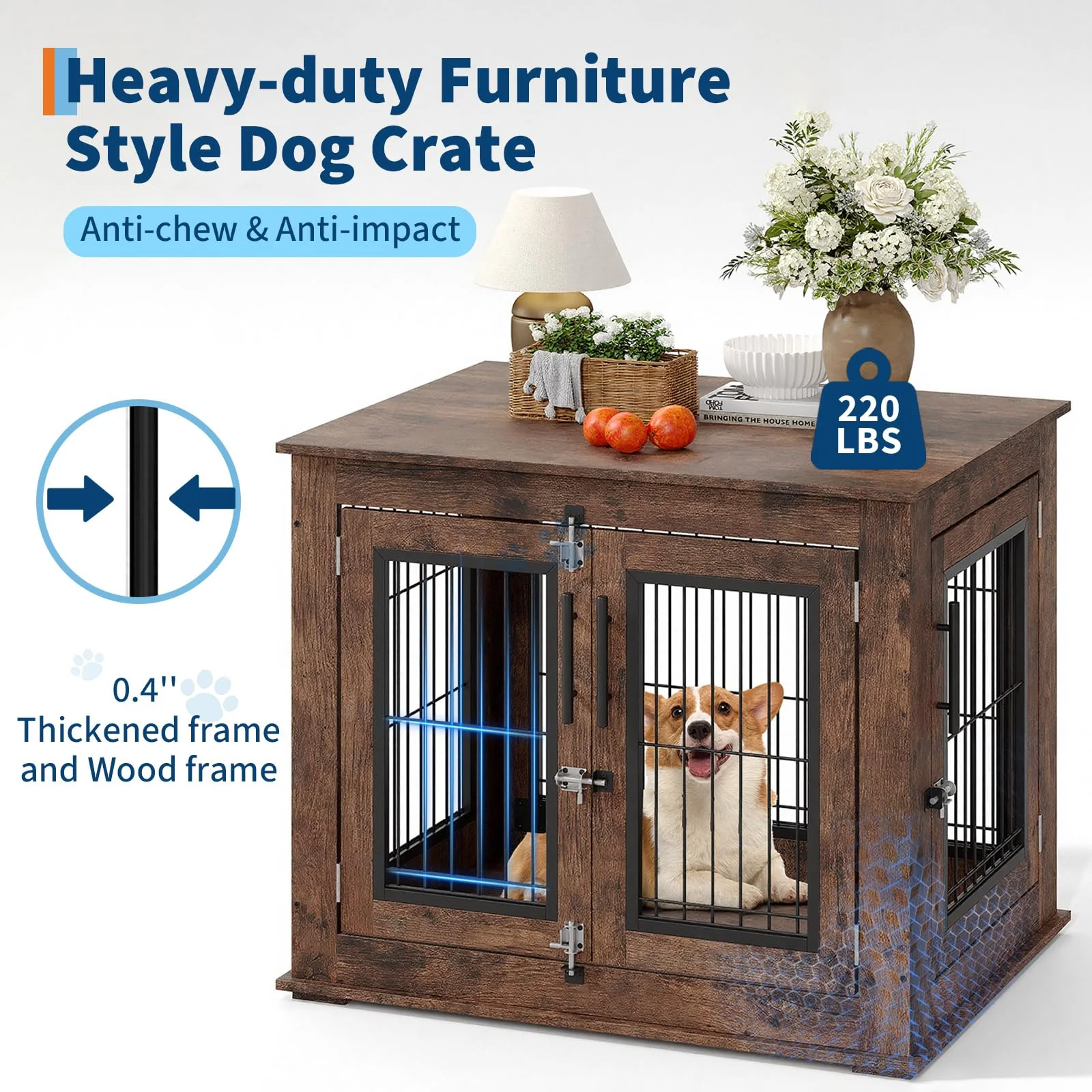 Garvee Medium Farmhouse Dog Crate Furniture End Table, Heavy Duty Wooden Kennel Cabinet with Double Doors for Small/Medium Dogs, Chew-Resistant Indoor Dog House Console for Living Room - Image 5
