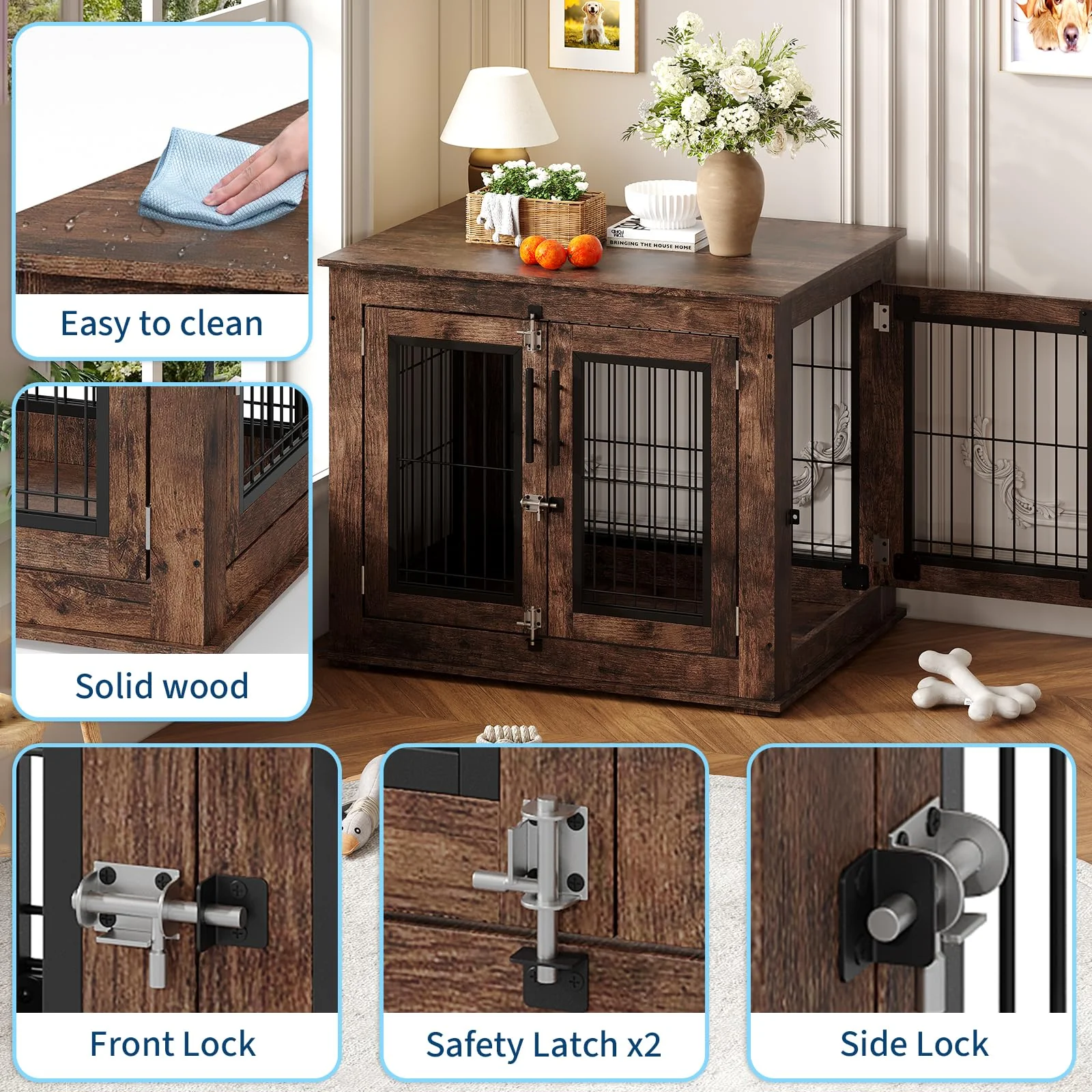 Garvee Medium Farmhouse Dog Crate Furniture End Table, Heavy Duty Wooden Kennel Cabinet with Double Doors for Small/Medium Dogs, Chew-Resistant Indoor Dog House Console for Living Room - Image 7