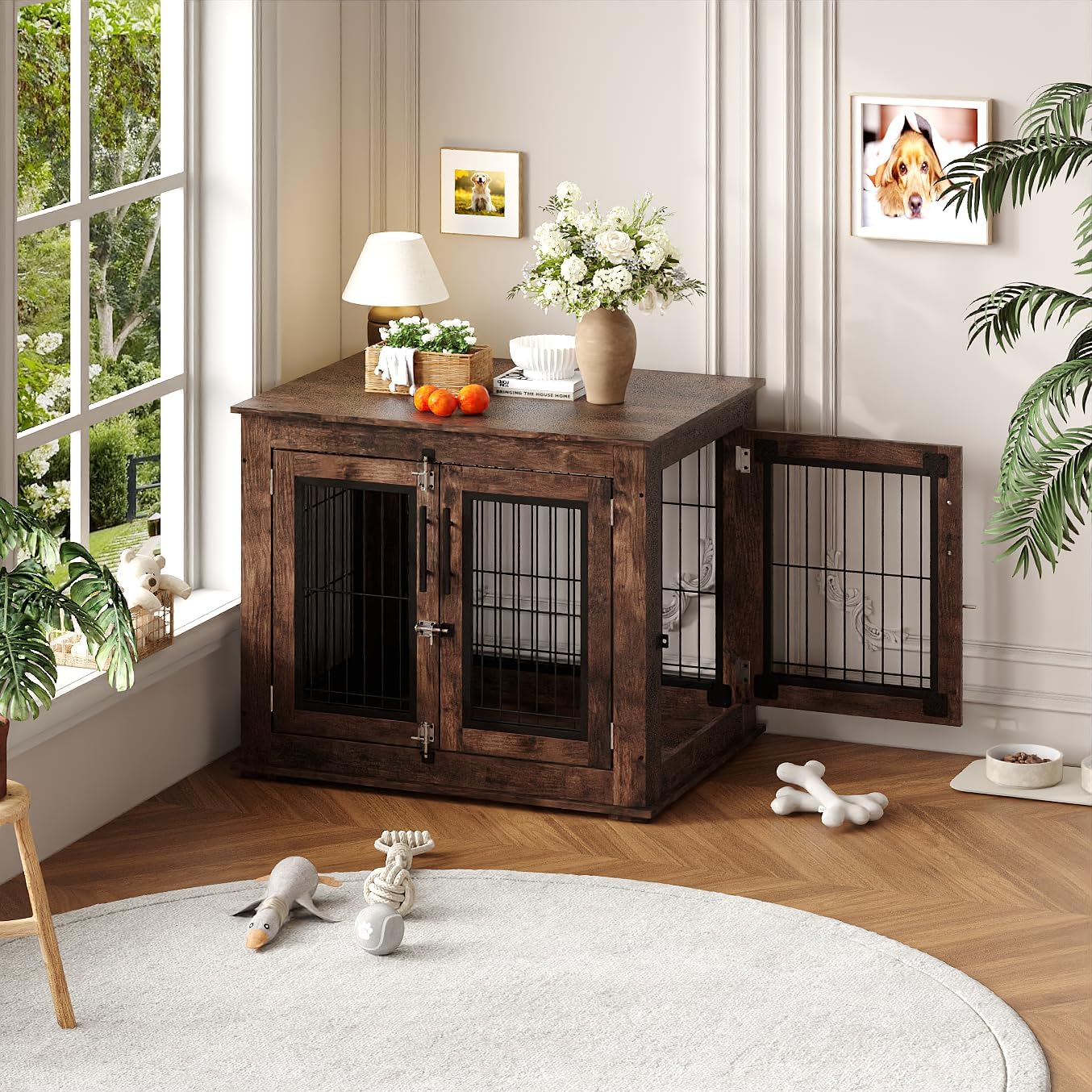 Garvee Medium Farmhouse Dog Crate Furniture End Table, Heavy Duty Wooden Kennel Cabinet with Double Doors for Small/Medium Dogs, Chew-Resistant Indoor Dog House Console for Living Room - Image 8