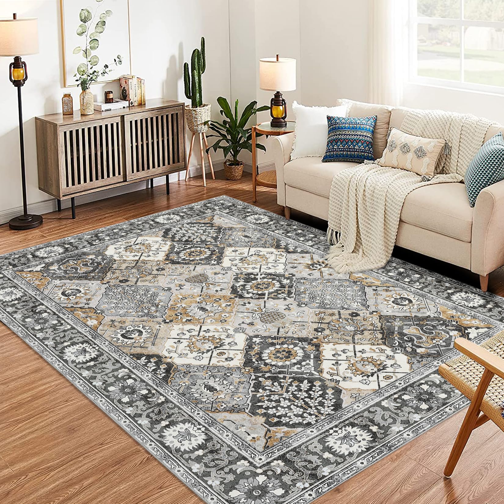 Garvee Moroccan Trellis Area Rug 4x6 Washable Vintage Floral Print Rugs, Boho Non Slip Indoor Carpet for Entryway Living Room Kitchen Bedroom Laundry Room, Grey Brown - Image 5