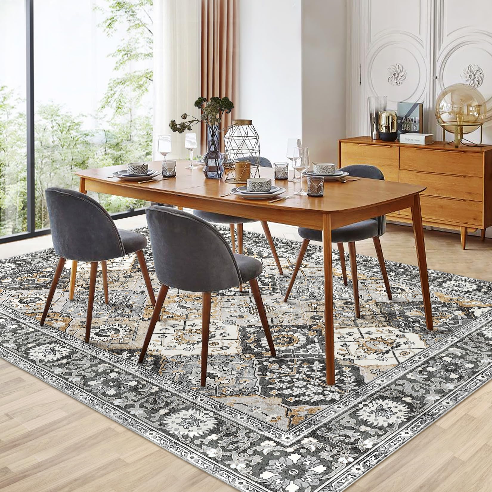 Garvee Moroccan Trellis Area Rug 4x6 Washable Vintage Floral Print Rugs, Boho Non Slip Indoor Carpet for Entryway Living Room Kitchen Bedroom Laundry Room, Grey Brown - Image 6