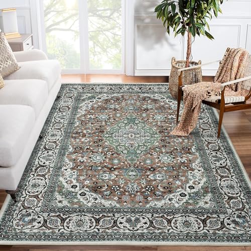 Garvee Oriental Green 4x6 Living Room Modern Rug Medallion Distressed Rugs for Bedroom Office Boho Washable Area Rugs Vintage Carpet Bohemian Farmhouse Floor Cover Green - Image 3