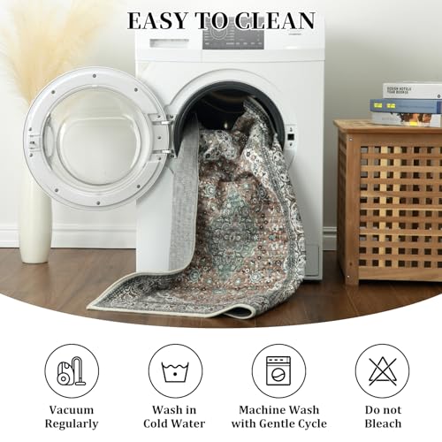 Garvee Oriental Green 4x6 Living Room Modern Rug Medallion Distressed Rugs for Bedroom Office Boho Washable Area Rugs Vintage Carpet Bohemian Farmhouse Floor Cover Green - Image 6