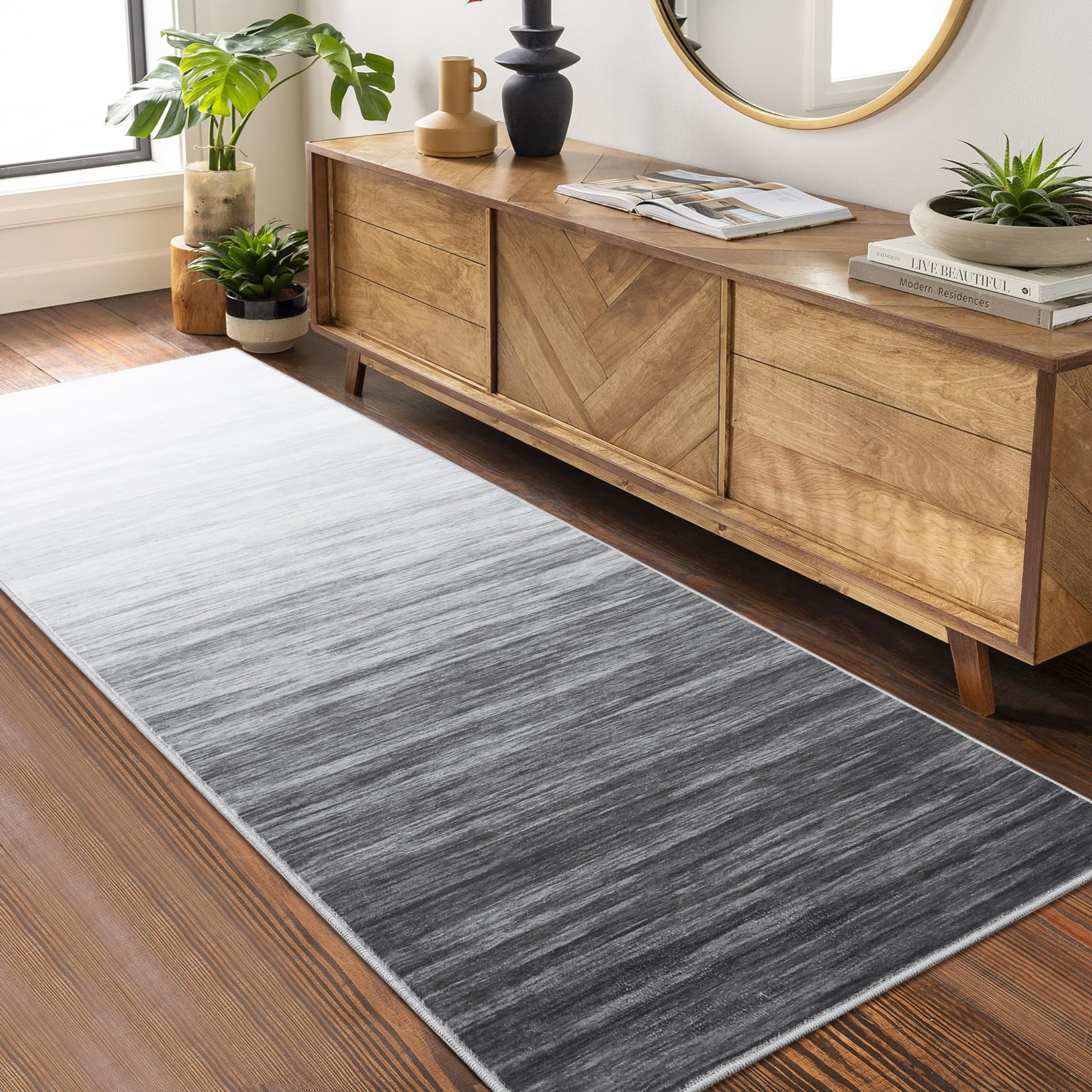 Garvee Modern Grey 2x6 Striped Runner Rug Washable Low-Pile Abstract Rug with Rubber Backing for Hallway, Entryway, Bathroom, Office, Grey - Image 3