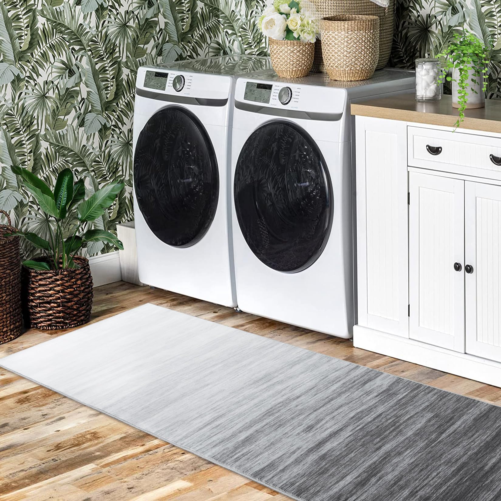 Garvee Modern Grey 2x6 Striped Runner Rug Washable Low-Pile Abstract Rug with Rubber Backing for Hallway, Entryway, Bathroom, Office, Grey - Image 4