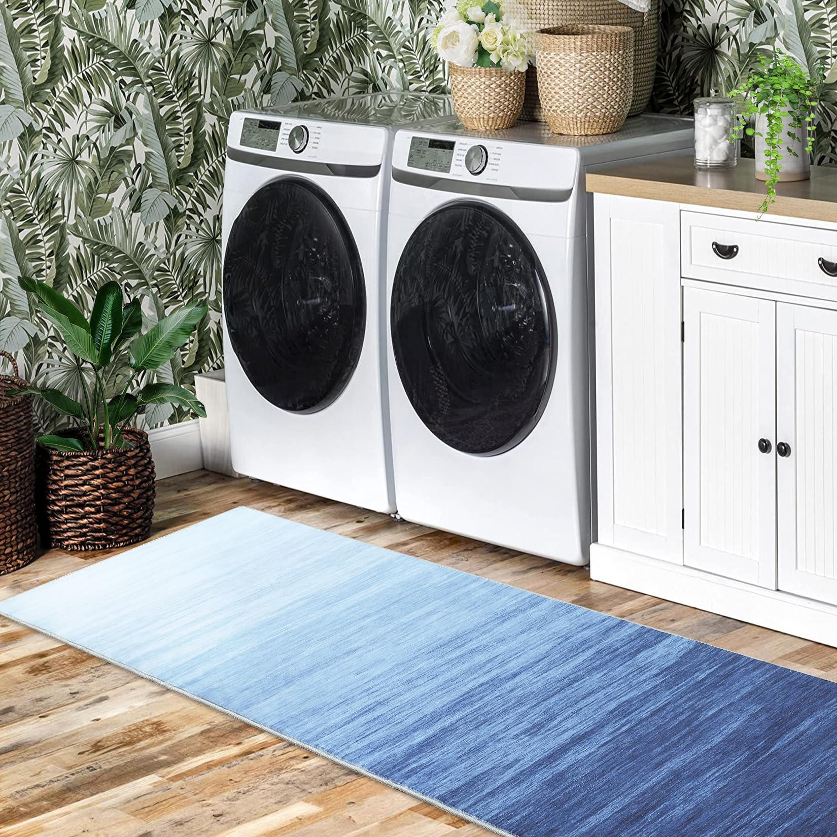 Garvee Modern Blue 2x6 Washable Area Rugs Runner Rugs for Hallway Living Room Abstract Ombre Rug Modern Kitchen Rugs with Rubber Backing Vintage Carpet Bedroom Rug Blue Office Rug Entryway Floor Cover - Image 7