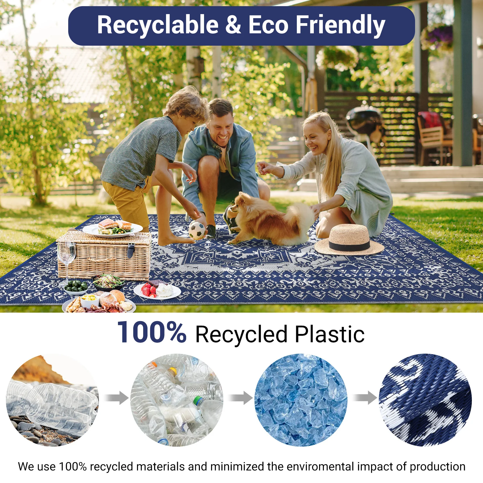 Garvee Outdoor Navy Blue & White 9x12 Plastic Straw Rug, Waterproof Stain Resistant Reversible Carpet for Camping, Backyard, RV, Patio - Image 11