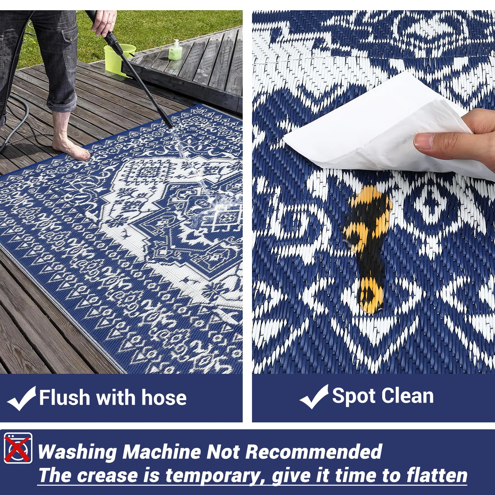 Garvee Outdoor Navy Blue & White 9x12 Plastic Straw Rug, Waterproof Stain Resistant Reversible Carpet for Camping, Backyard, RV, Patio - Image 12