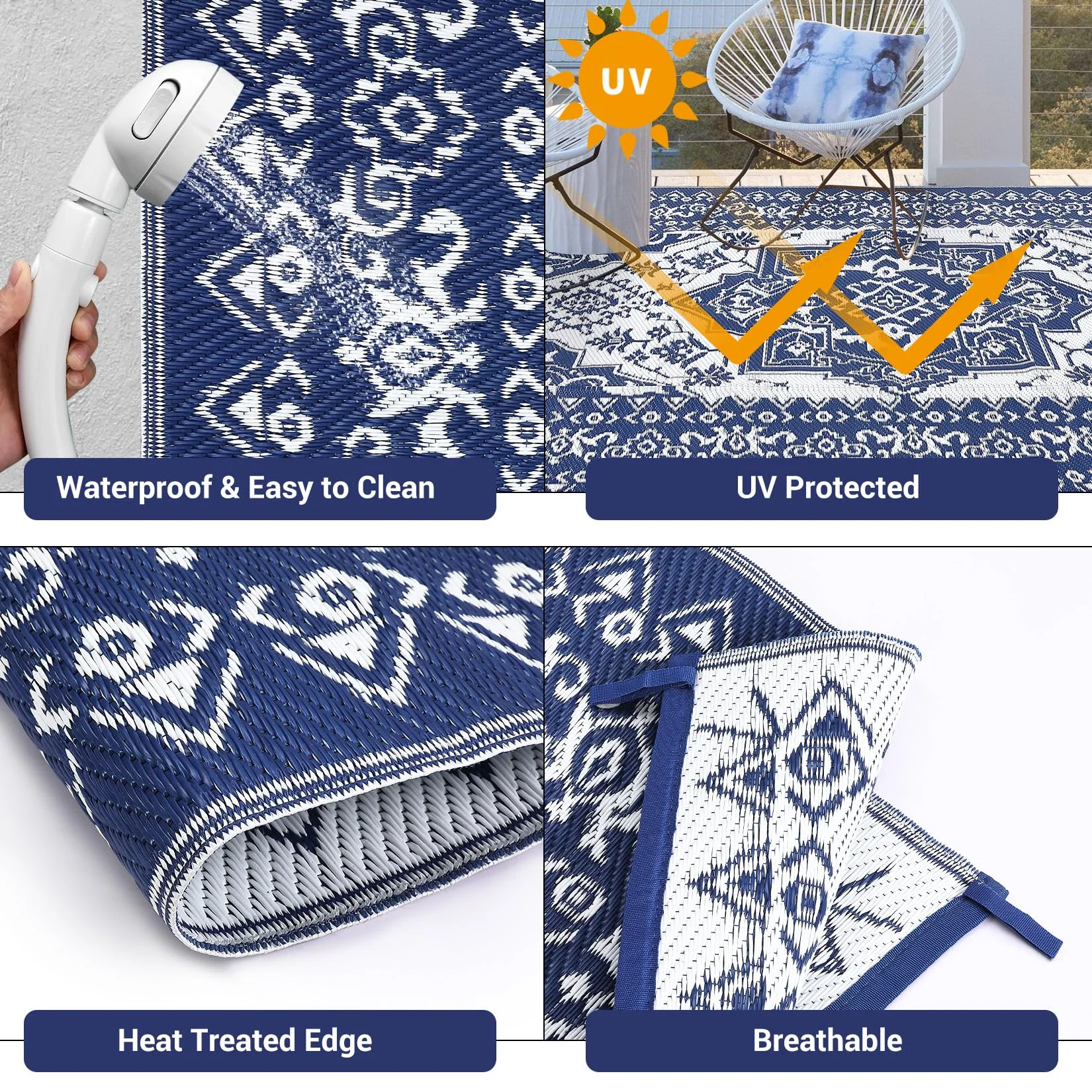 Garvee Outdoor Navy Blue & White 9x12 Plastic Straw Rug, Waterproof Stain Resistant Reversible Carpet for Camping, Backyard, RV, Patio - Image 6