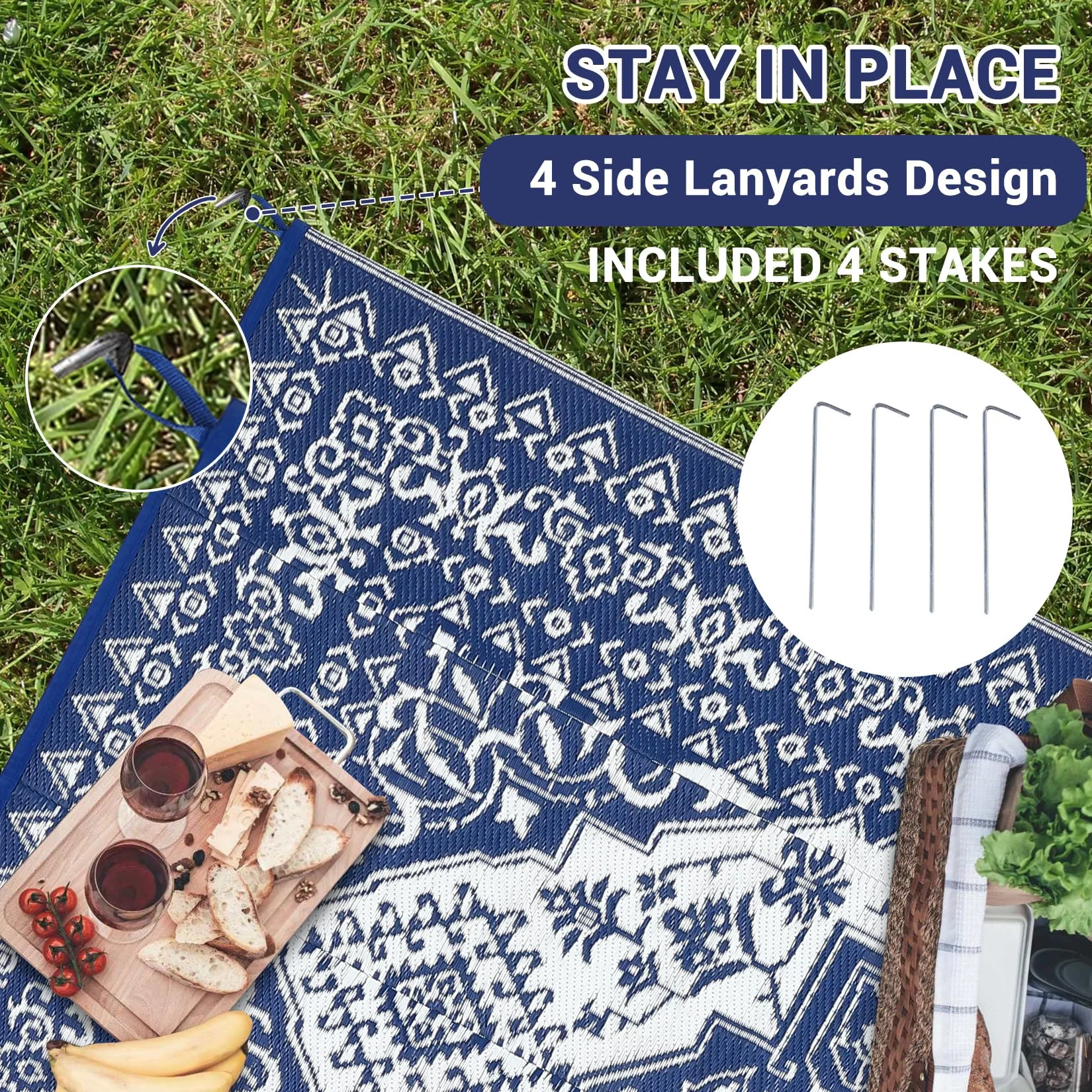 Garvee Outdoor Navy Blue & White 9x12 Plastic Straw Rug, Waterproof Stain Resistant Reversible Carpet for Camping, Backyard, RV, Patio - Image 7