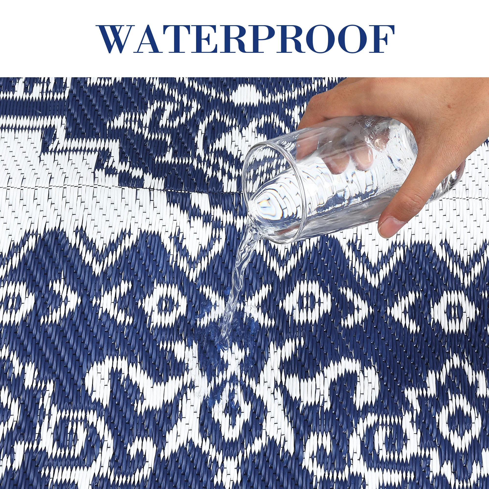 Garvee Outdoor Navy Blue & White 9x12 Plastic Straw Rug, Waterproof Stain Resistant Reversible Carpet for Camping, Backyard, RV, Patio - Image 9