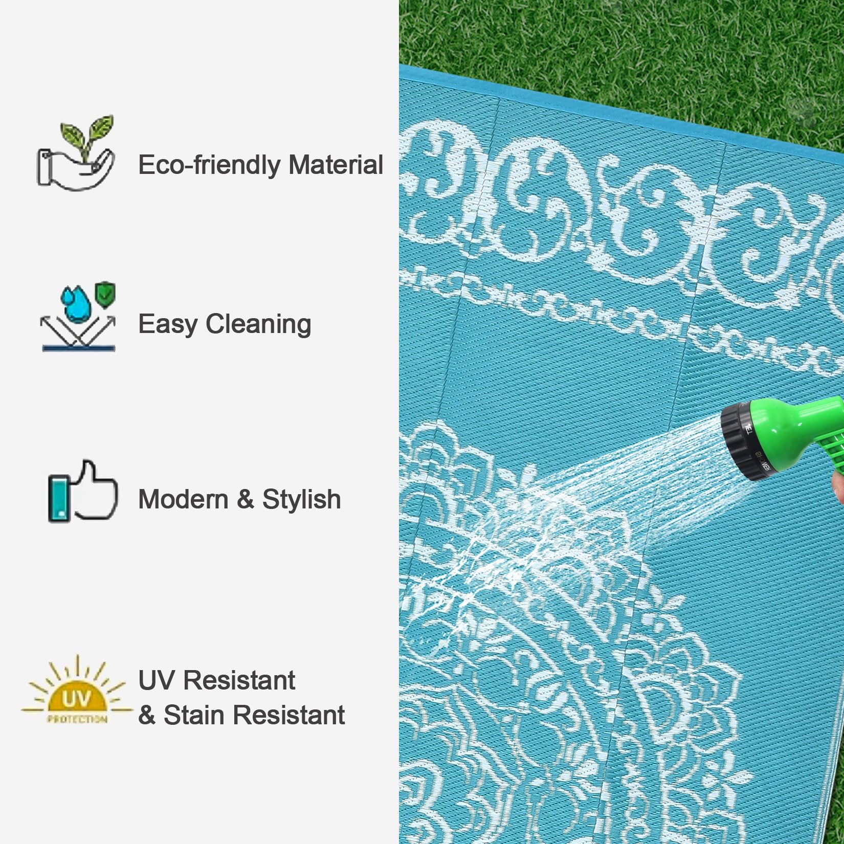 Garvee Outdoor Light Blue & White 9x12 Rug – Reversible Medallion Plastic Straw Rug, Waterproof Washable Outdoor Patio Rug for Deck, RV, Backyard, Picnic, Camp, Beach, or Balcony - Image 3