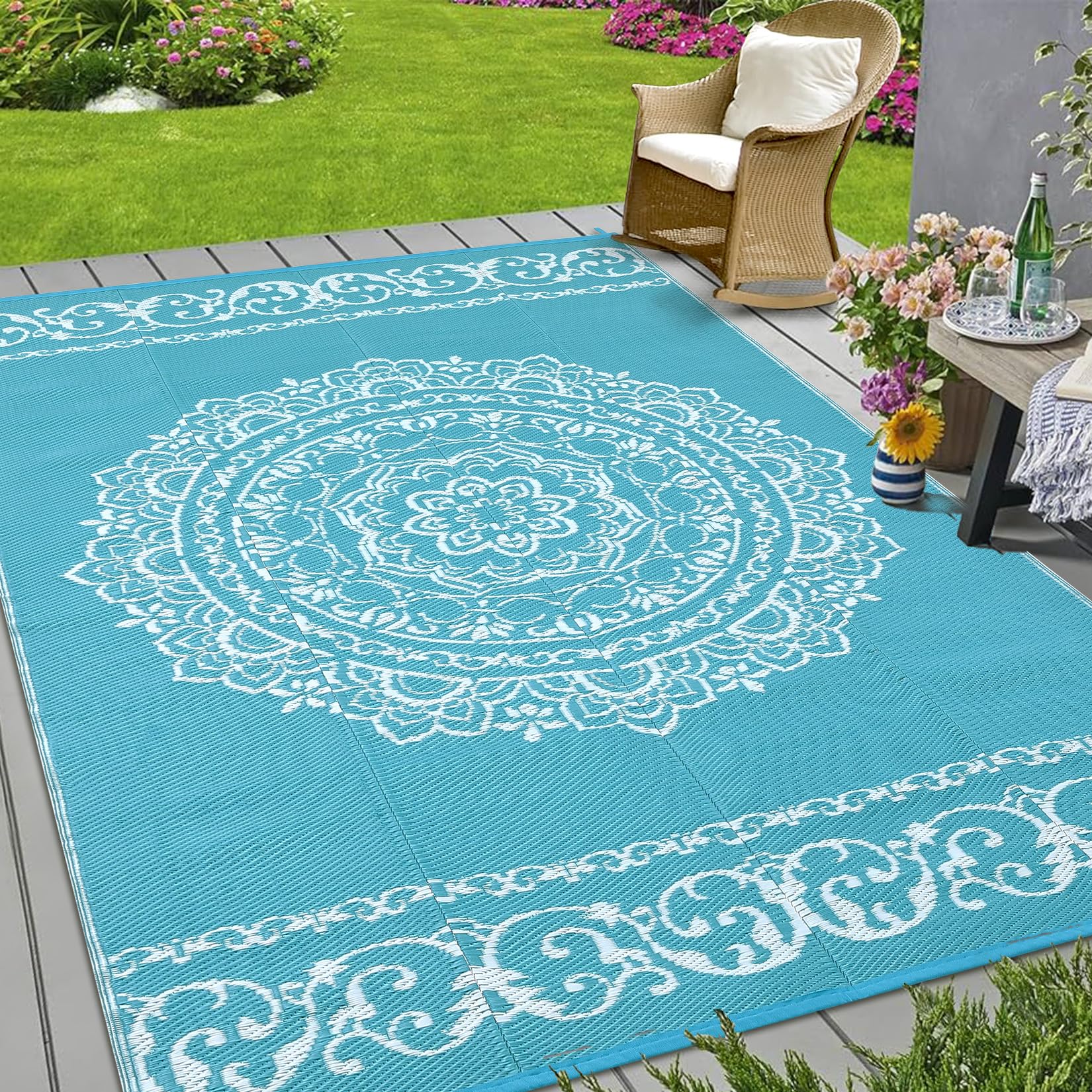 Garvee Outdoor Light Blue & White 9x12 Rug – Reversible Medallion Plastic Straw Rug, Waterproof Washable Outdoor Patio Rug for Deck, RV, Backyard, Picnic, Camp, Beach, or Balcony - Image 5