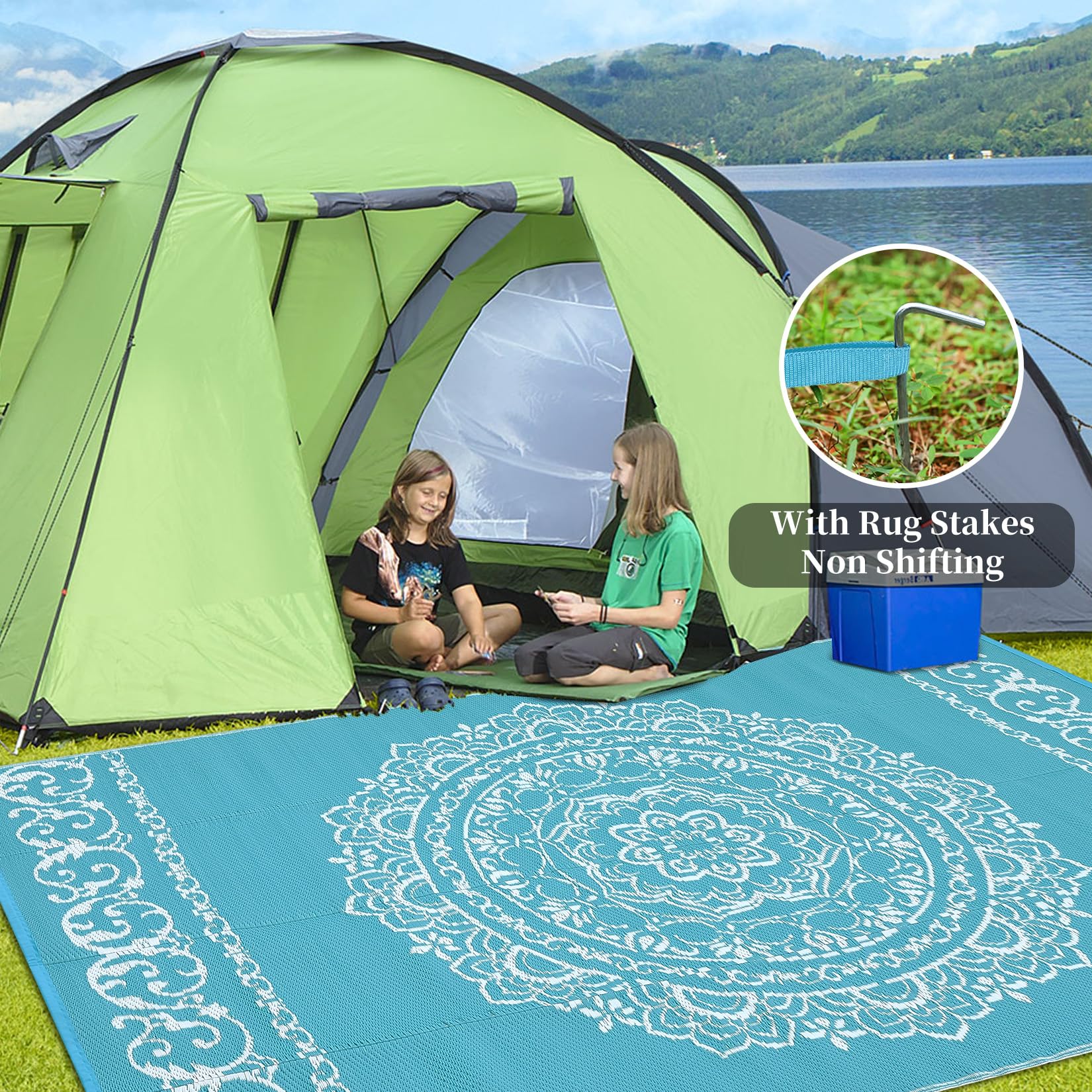 Garvee Outdoor Light Blue & White 9x12 Rug – Reversible Medallion Plastic Straw Rug, Waterproof Washable Outdoor Patio Rug for Deck, RV, Backyard, Picnic, Camp, Beach, or Balcony - Image 6