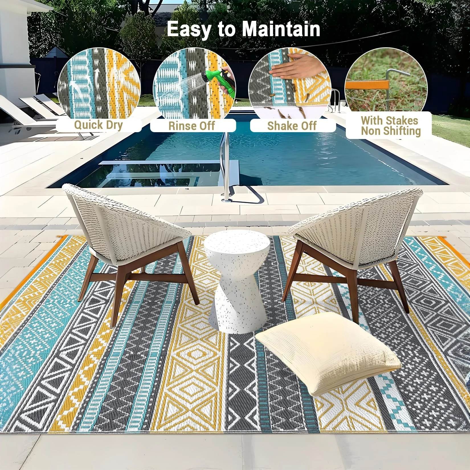 Garvee Outdoor Teal & Yellow 9x12 Patio Rug, Plastic Straw Waterproof UV-Resistant Reversible with Stakes Portable for RV Deck Picnic - Image 3