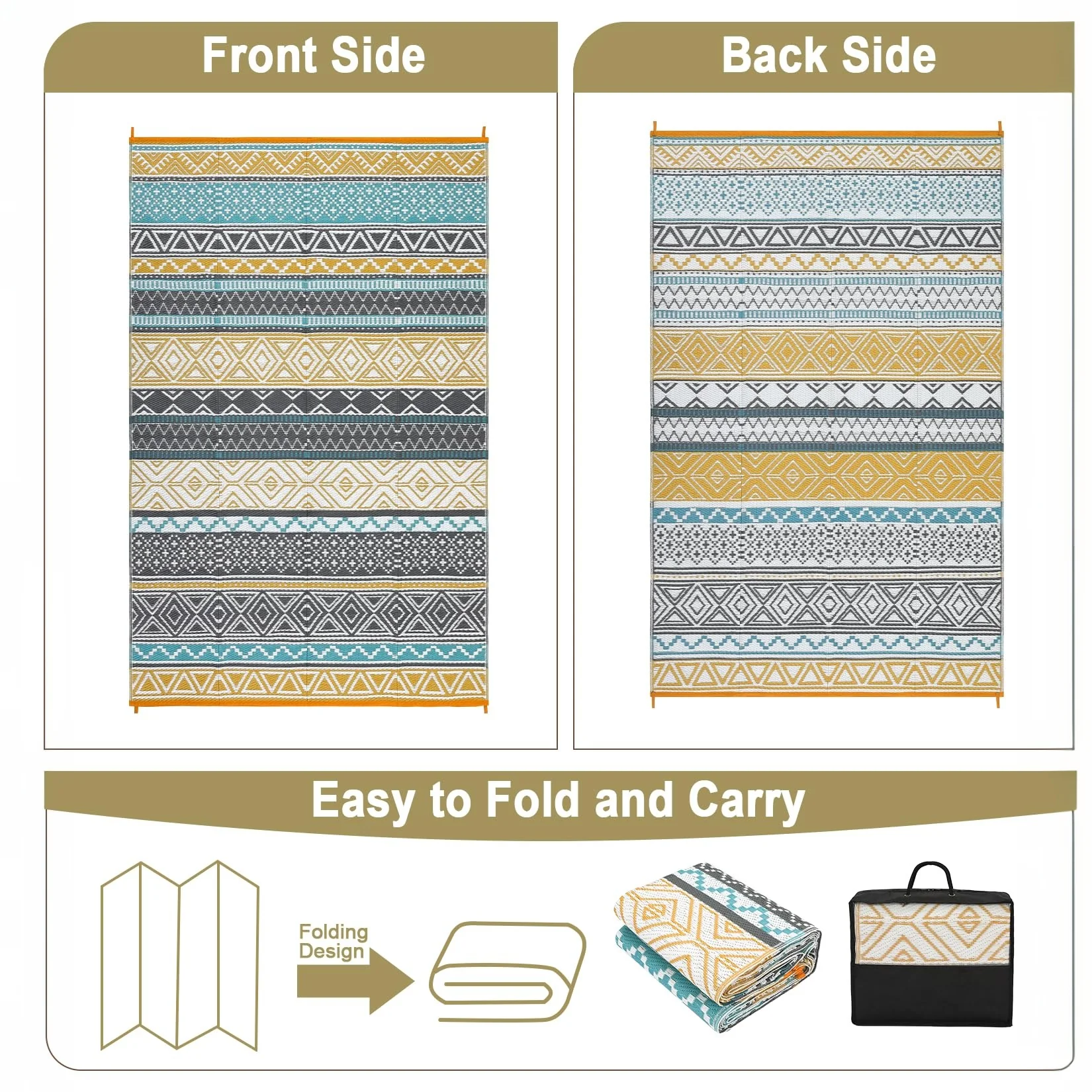 Garvee Outdoor Teal & Yellow 9x12 Patio Rug, Plastic Straw Waterproof UV-Resistant Reversible with Stakes Portable for RV Deck Picnic - Image 4