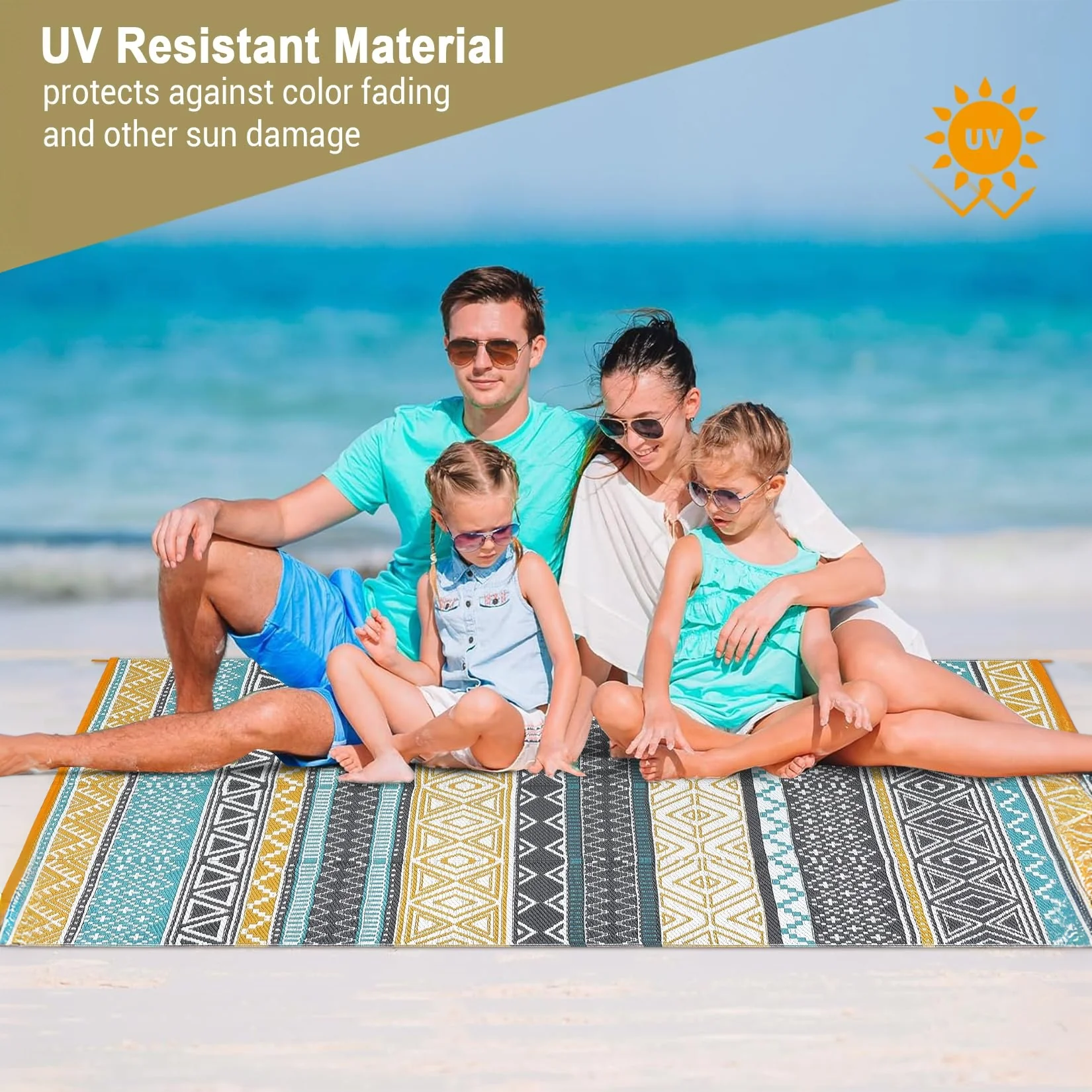 Garvee Outdoor Teal & Yellow 9x12 Patio Rug, Plastic Straw Waterproof UV-Resistant Reversible with Stakes Portable for RV Deck Picnic - Image 5