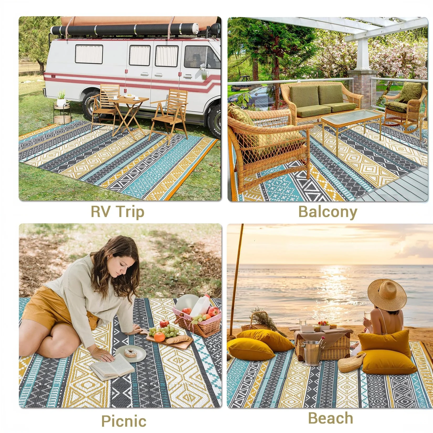 Garvee Outdoor Teal & Yellow 9x12 Patio Rug, Plastic Straw Waterproof UV-Resistant Reversible with Stakes Portable for RV Deck Picnic - Image 6