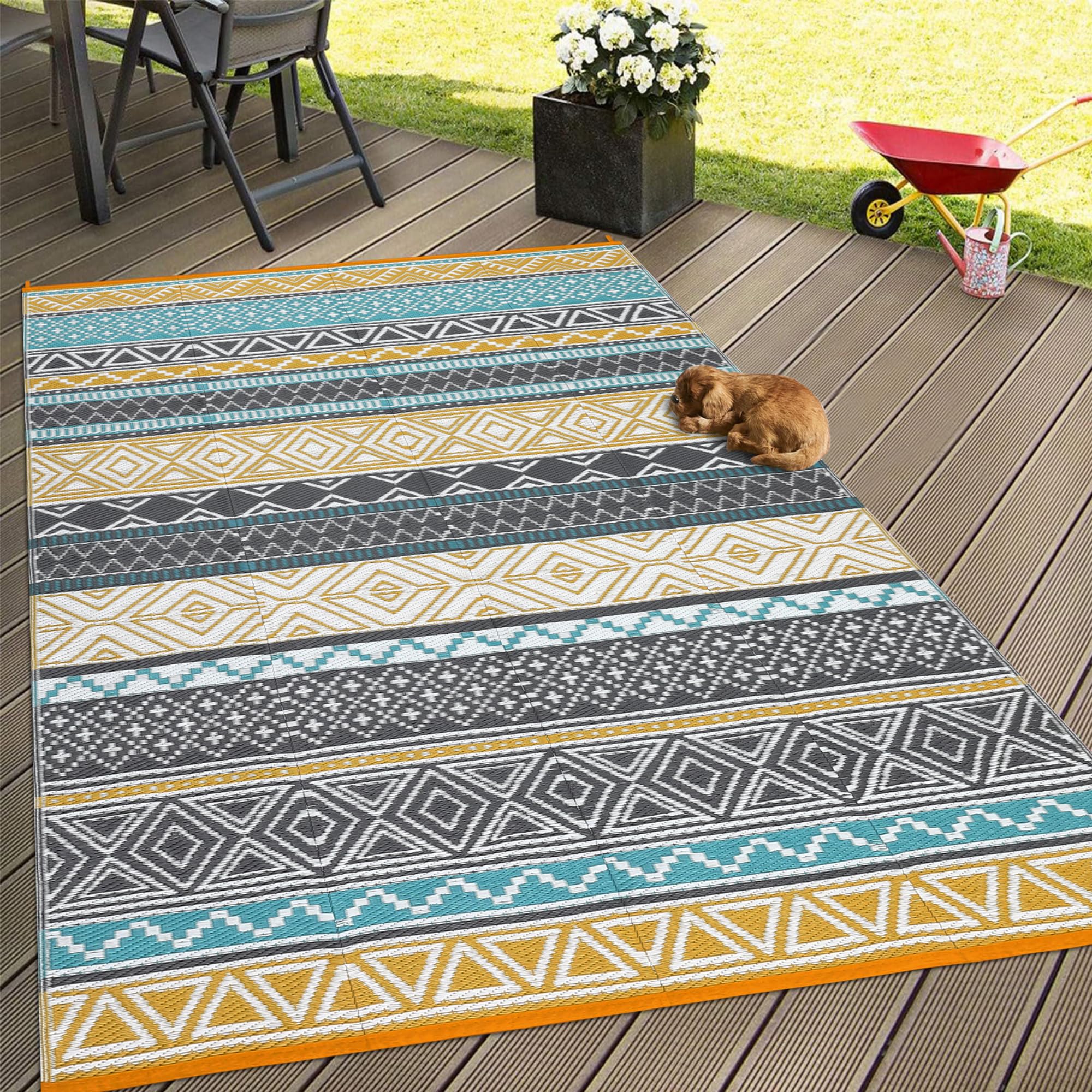 Garvee Outdoor Teal & Yellow 9x12 Patio Rug, Plastic Straw Waterproof UV-Resistant Reversible with Stakes Portable for RV Deck Picnic - Image 7