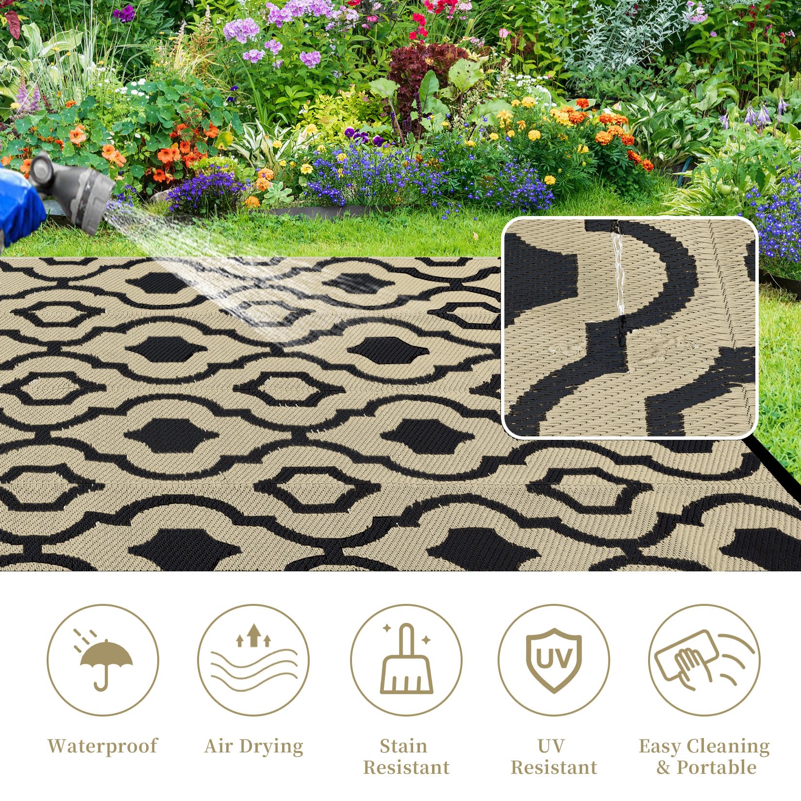Garvee Outdoor Brown & Black 9x12 Plastic Straw Rug, Waterproof Reversible Portable Carpet for Camping, RV, Backyard, Patio, Balcony - Image 4