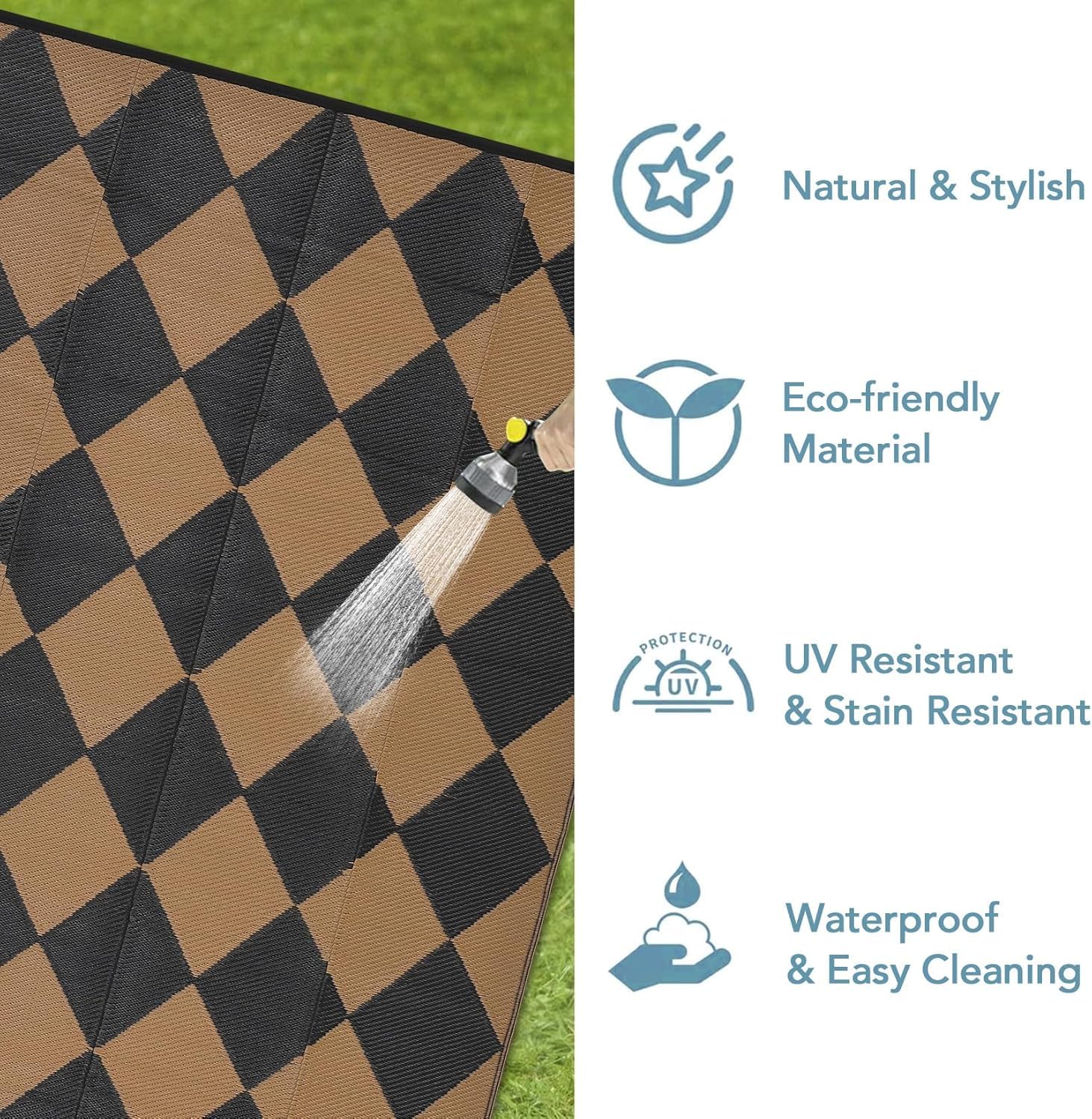 Garvee Outdoor Black & Brown 9x12 Rug Waterproof Reversible Outdoor Plastic Straw Rug with 4 Stakes & Portable Bag Boho Patio Rugs Carpet RV Mat Outside for Patio Camp Balcony Deck Picnic - Image 3