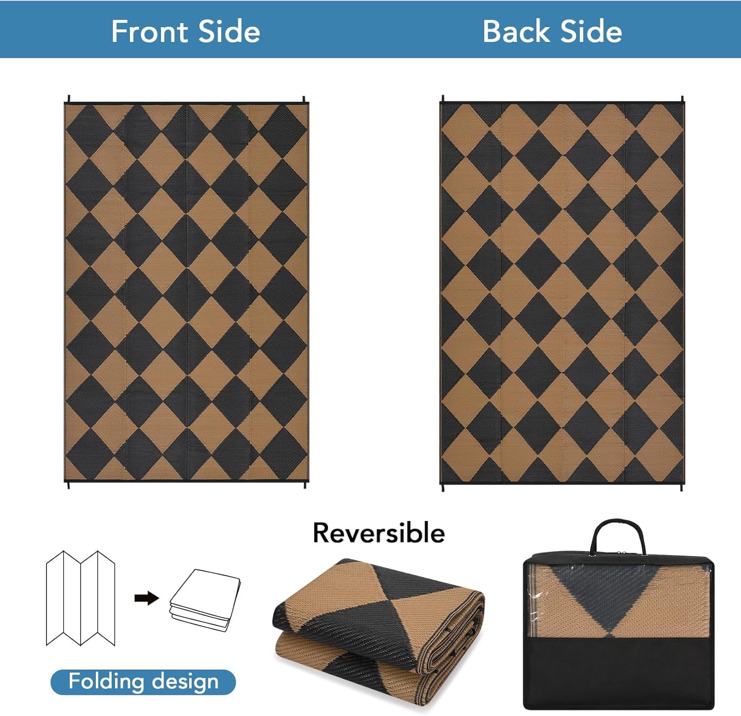 Garvee Outdoor Black & Brown 9x12 Rug Waterproof Reversible Outdoor Plastic Straw Rug with 4 Stakes & Portable Bag Boho Patio Rugs Carpet RV Mat Outside for Patio Camp Balcony Deck Picnic - Image 4