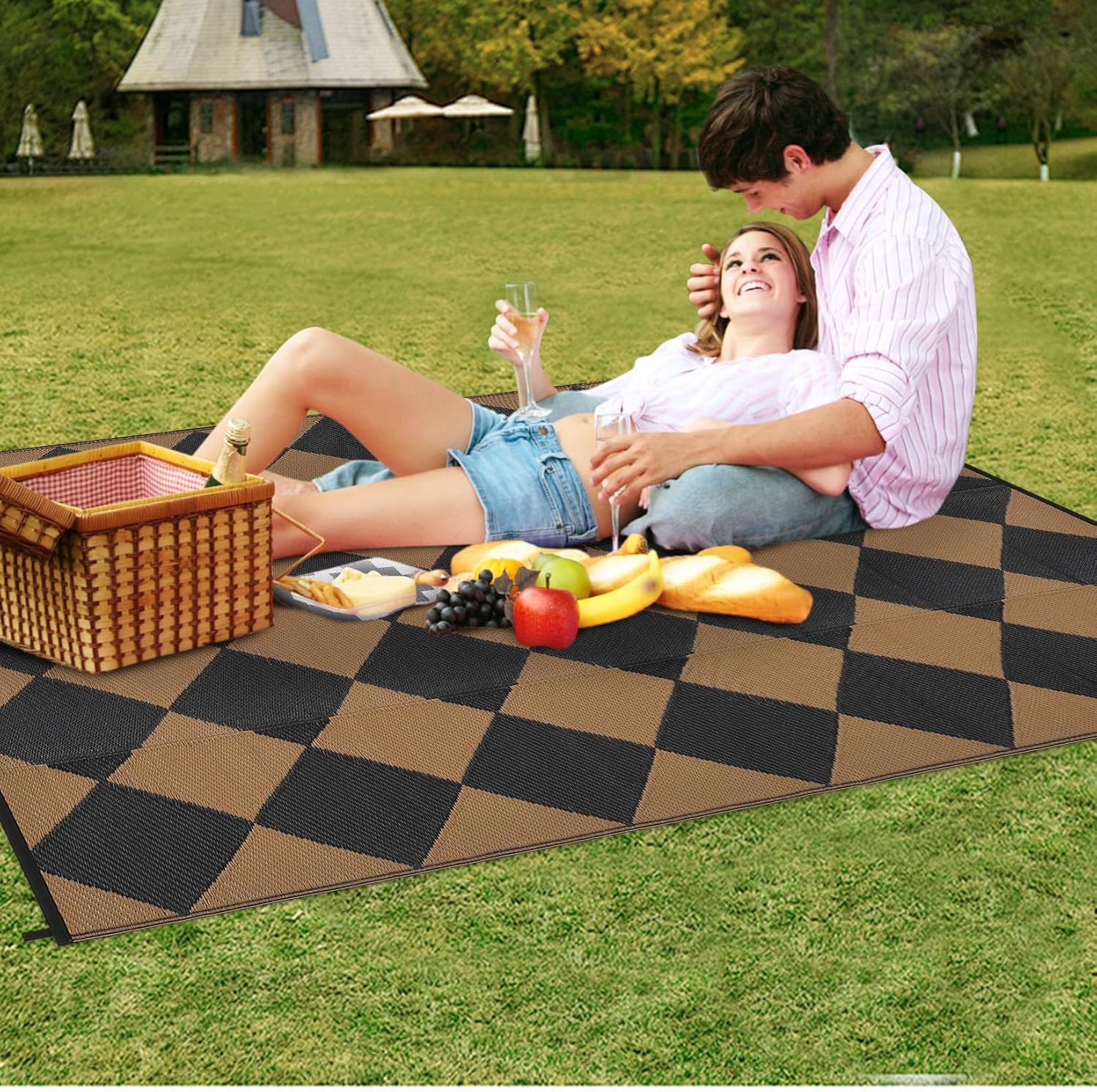 Garvee Outdoor Black & Brown 9x12 Rug Waterproof Reversible Outdoor Plastic Straw Rug with 4 Stakes & Portable Bag Boho Patio Rugs Carpet RV Mat Outside for Patio Camp Balcony Deck Picnic - Image 8