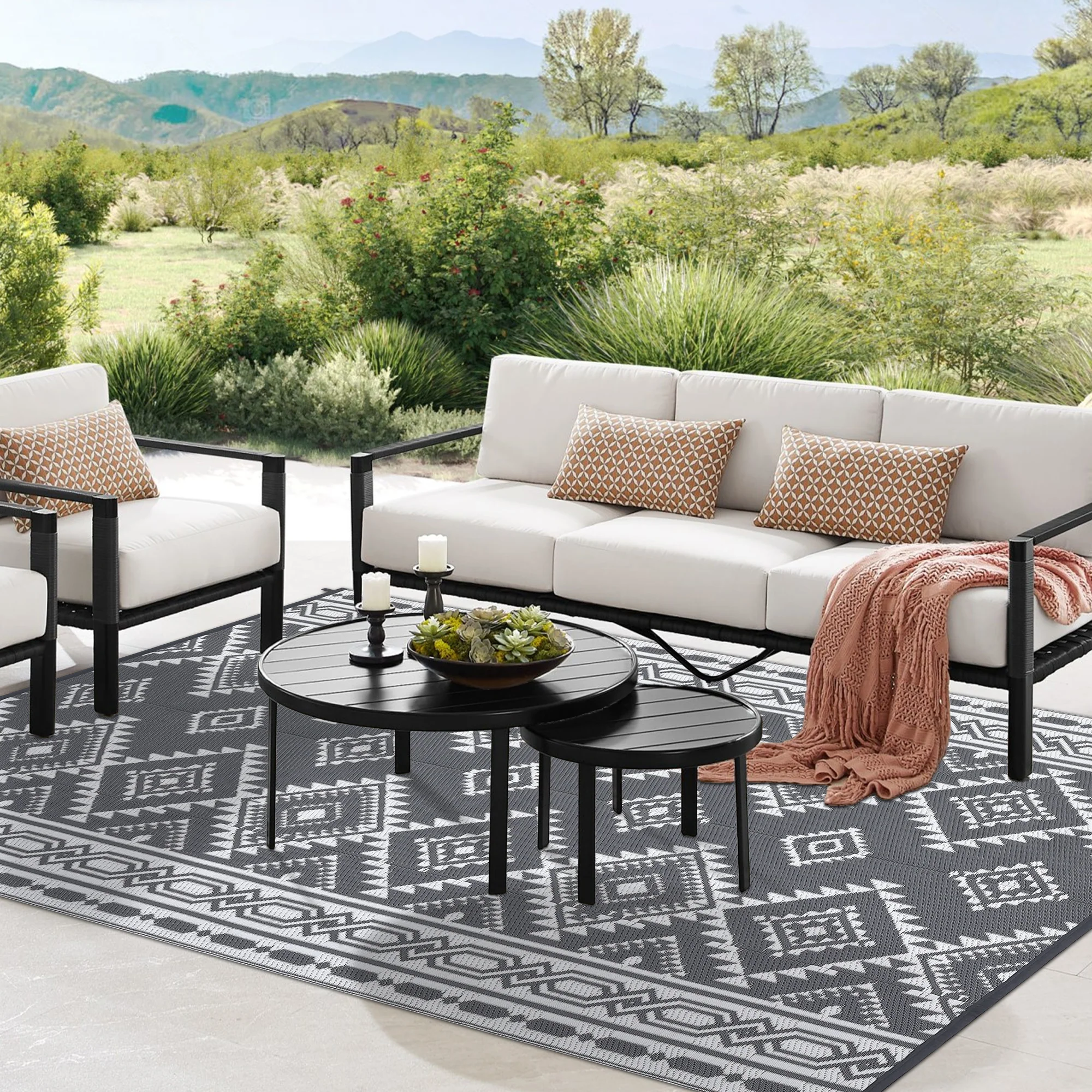 Garvee Outdoor Grey & White 9x12 Plastic Straw Rug, Modern Area Rug, Large Floor Mat for Outdoors, RV, Patio, Backyard, Deck, Picnic, Beach, Trailer, Camping, Porch, Balcony - Image 3