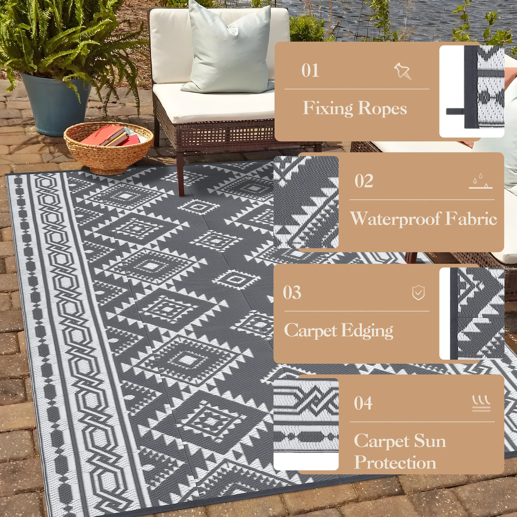 Garvee Outdoor Grey & White 9x12 Plastic Straw Rug, Modern Area Rug, Large Floor Mat for Outdoors, RV, Patio, Backyard, Deck, Picnic, Beach, Trailer, Camping, Porch, Balcony - Image 6