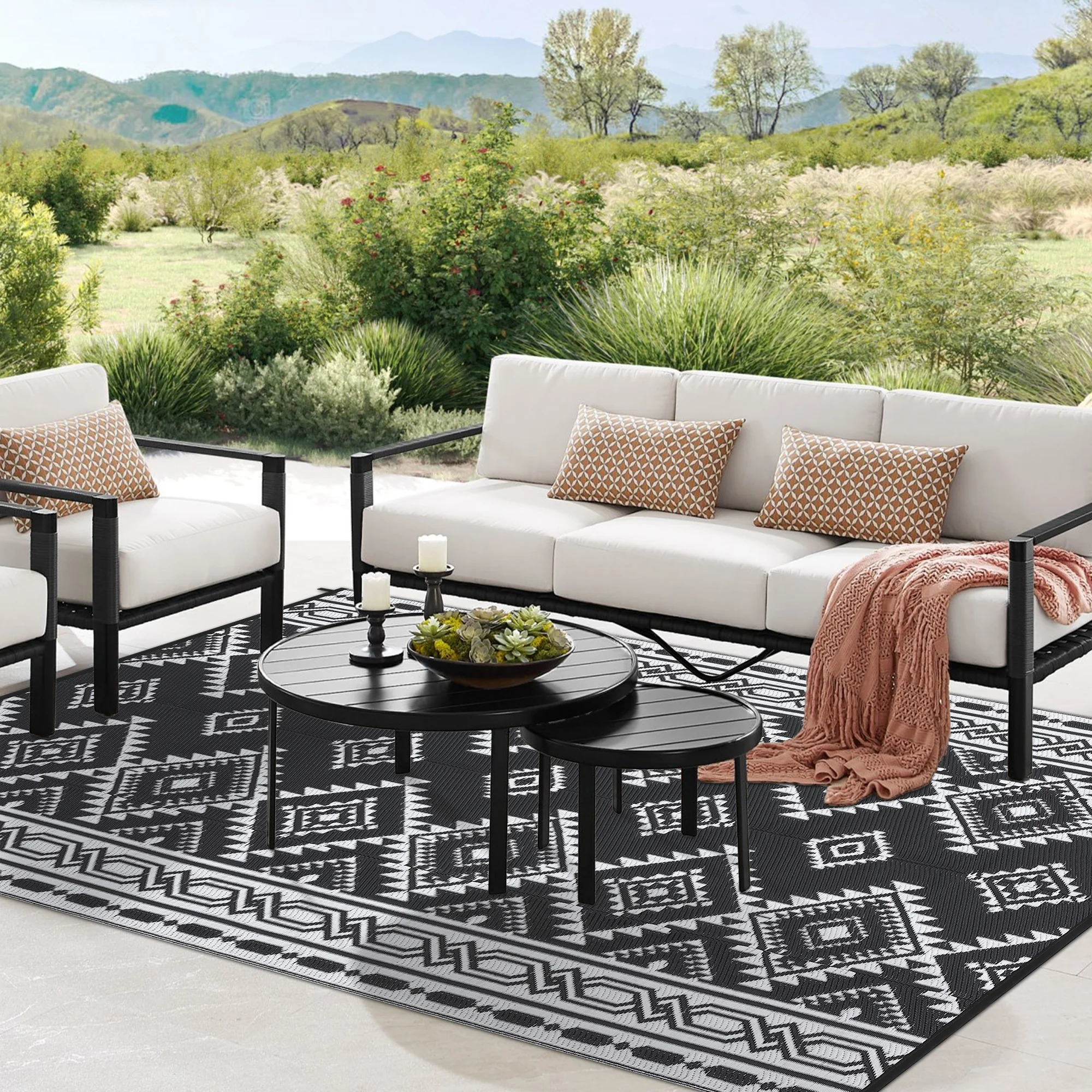 Garvee Outdoor Black & White 8x10 Plastic Straw Rug, Modern Area Rug, Large Floor Mat for Outdoors, RV, Patio, Backyard, Deck, Picnic, Beach, Trailer, Camping, Porch, Balcony - Image 3