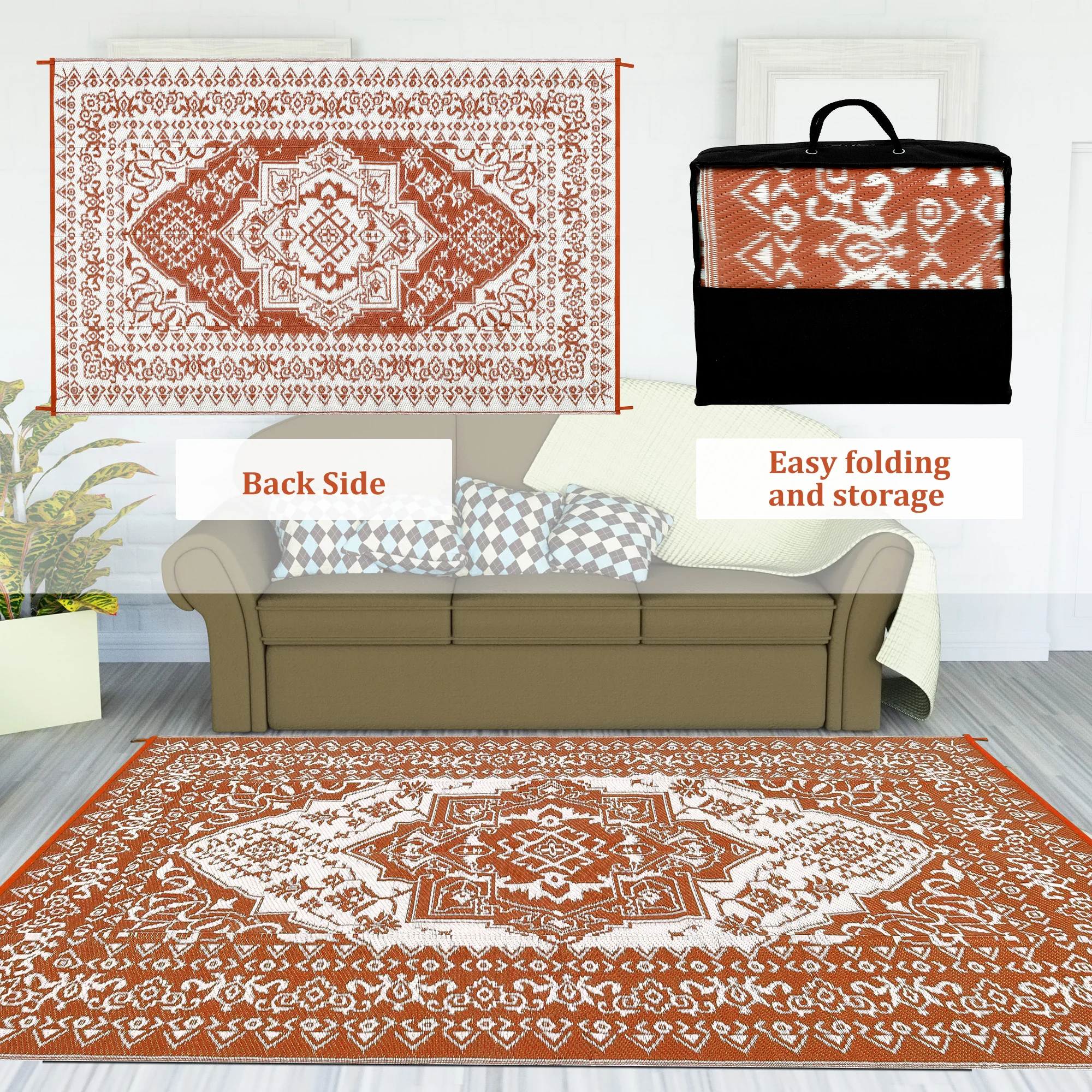 Garvee Outdoor Brick Red 9x12 Plastic Straw Rug, Waterproof Stain Resistant Reversible for Camping, Garden, Backyard, RV, Patio - Image 6