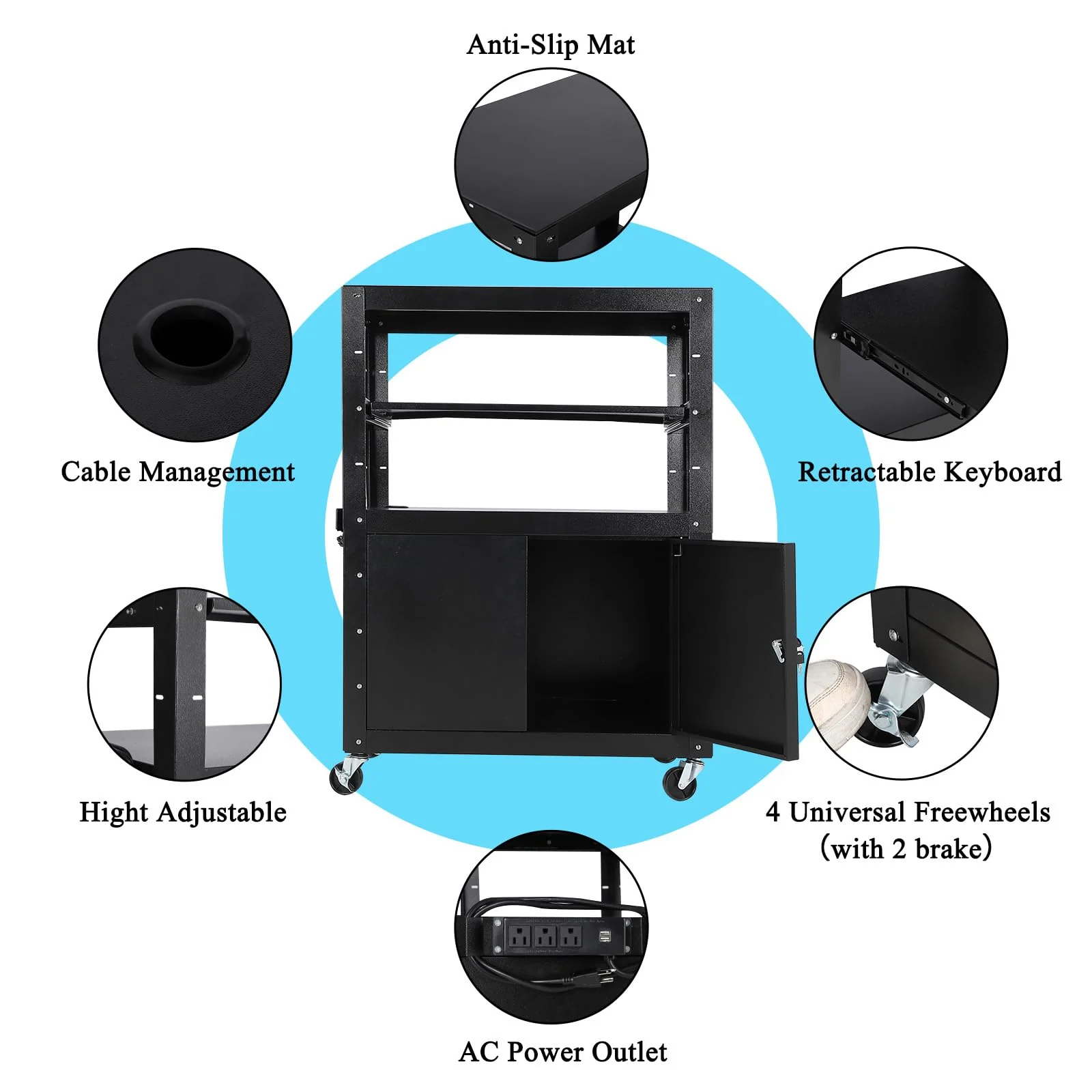 Garvee Rolling AV Cart with Locking Cabinet, Laptop Stand, Height Adjustable Mobile Utility Cart Workstation with Extra Storage Space, Power Strip - Image 3