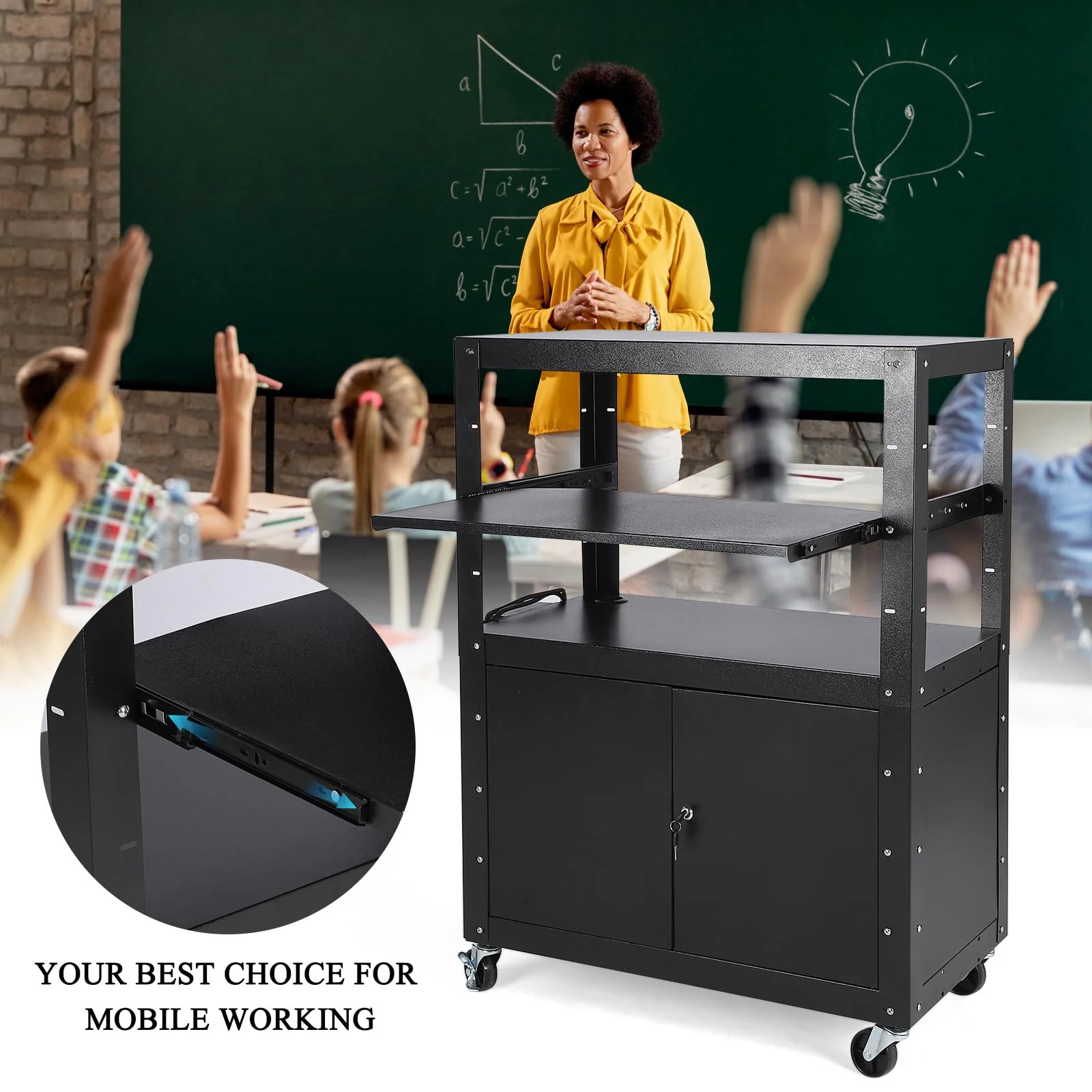 Garvee Rolling AV Cart with Locking Cabinet, Laptop Stand, Height Adjustable Mobile Utility Cart Workstation with Extra Storage Space, Power Strip - Image 6