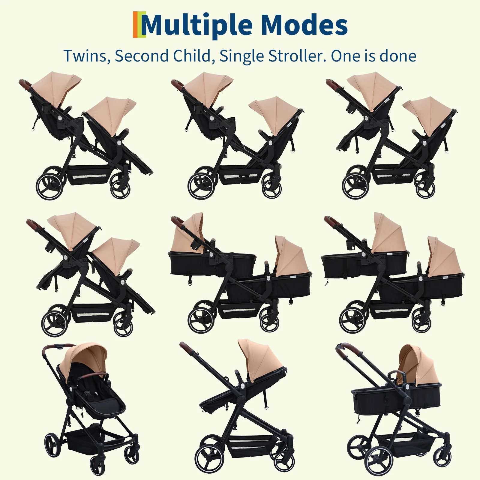 Garvee Foldable Double Baby Stroller in Multi-Position Reversible Design with Adjustable Backrest, Storage Basket and Canopy for Infant and Toddler, Khaki - Image 4