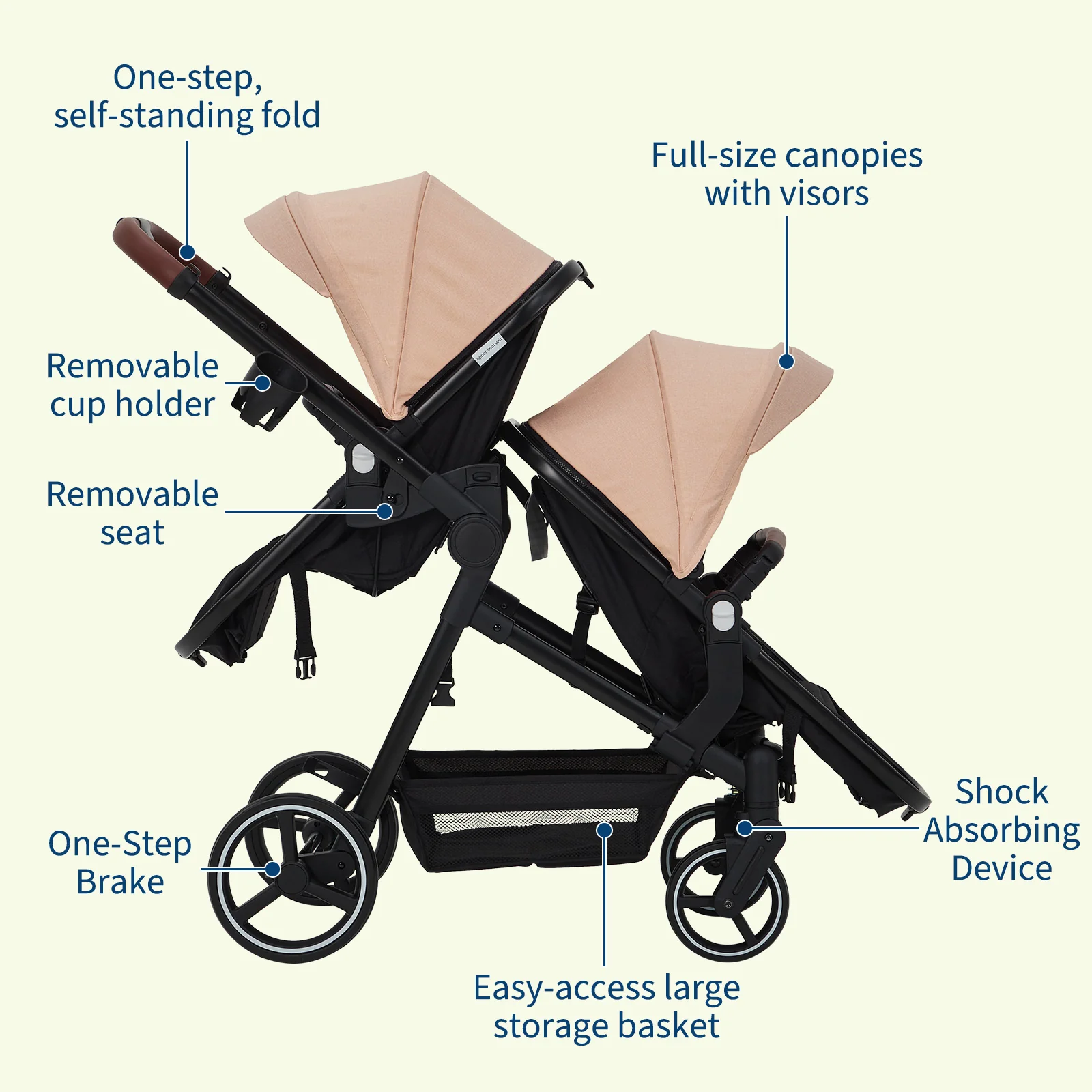 Garvee Foldable Double Baby Stroller in Multi-Position Reversible Design with Adjustable Backrest, Storage Basket and Canopy for Infant and Toddler, Khaki - Image 7