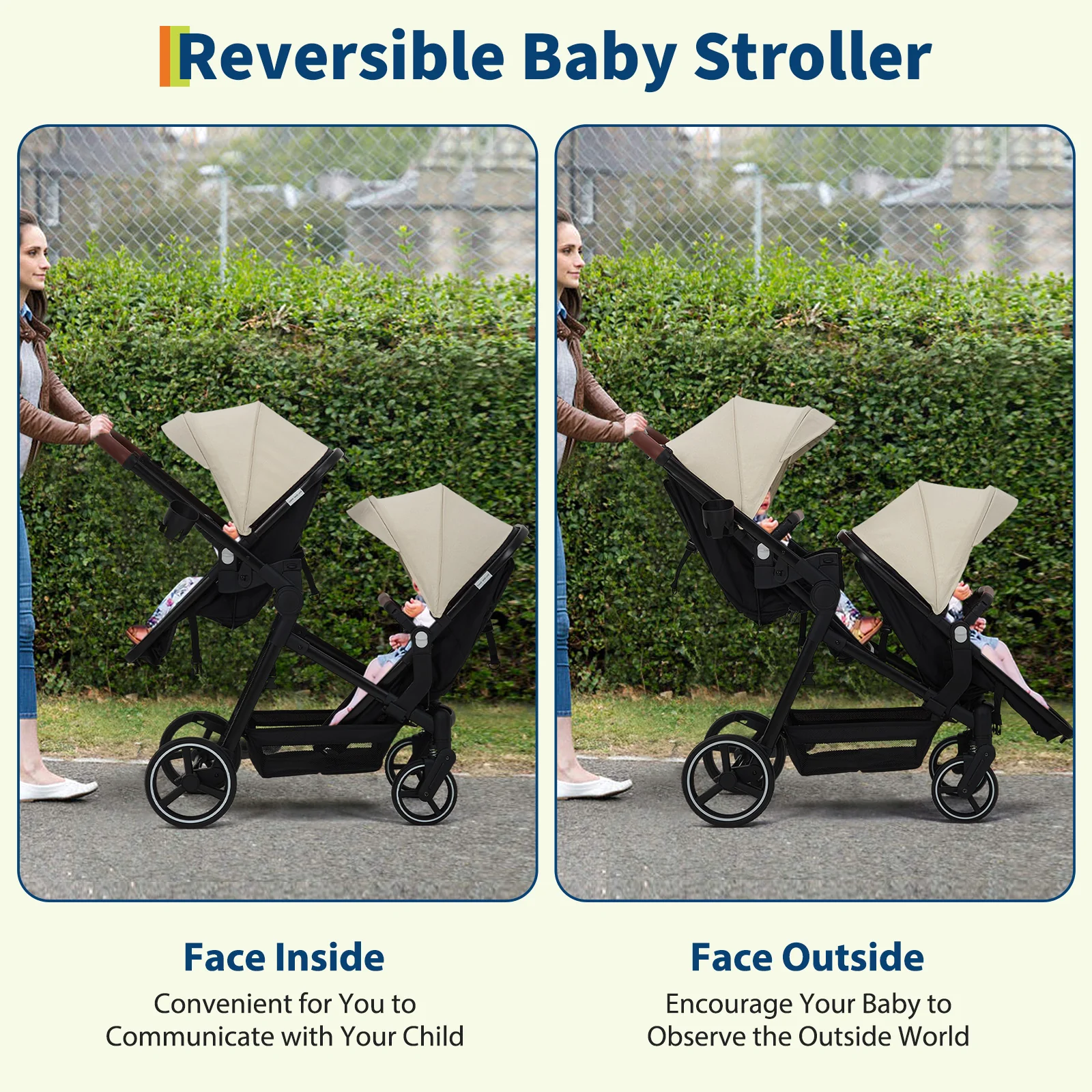 Garvee Foldable Double Baby Stroller in Multi-Position Reversible Design with Adjustable Backrest, Storage Basket and Canopy for Infant and Toddler, Beige - Image 3