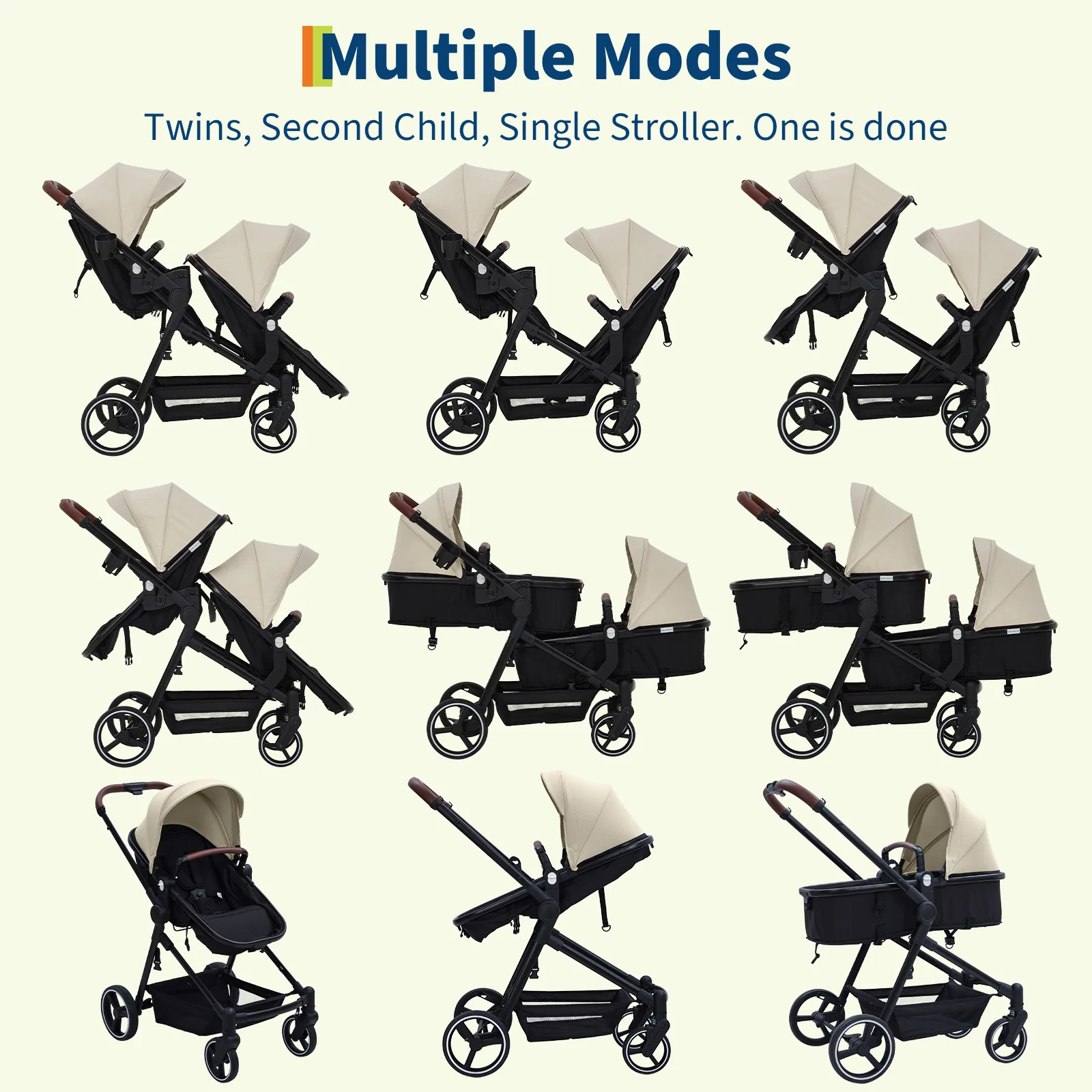 Garvee Foldable Double Baby Stroller in Multi-Position Reversible Design with Adjustable Backrest, Storage Basket and Canopy for Infant and Toddler, Beige - Image 4