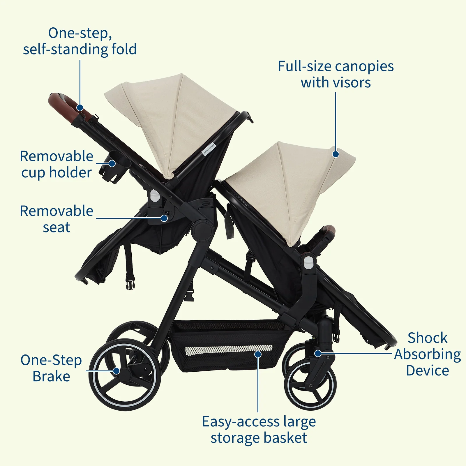 Garvee Foldable Double Baby Stroller in Multi-Position Reversible Design with Adjustable Backrest, Storage Basket and Canopy for Infant and Toddler, Beige - Image 7