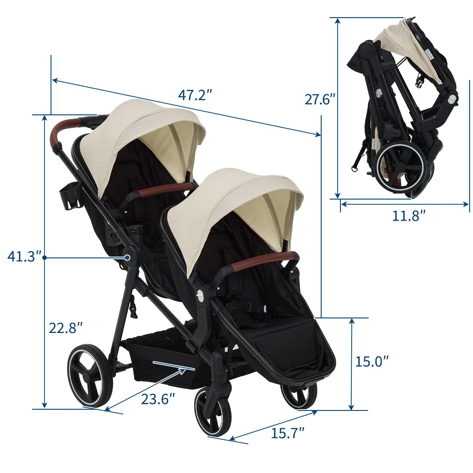 Garvee Foldable Double Baby Stroller in Multi-Position Reversible Design with Adjustable Backrest, Storage Basket and Canopy for Infant and Toddler, Beige - Image 8