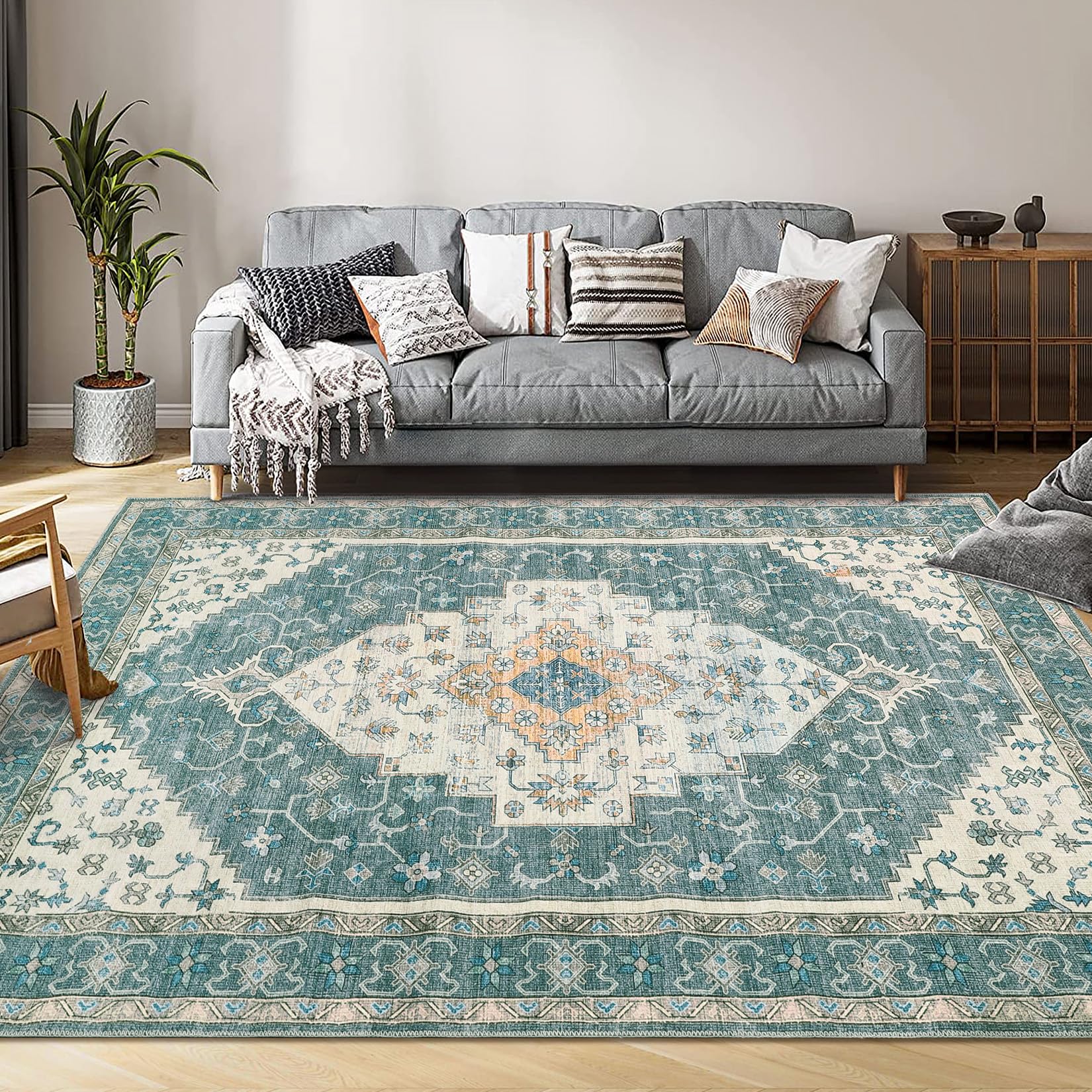 Garvee Green 2x6 Vintage Medallion Print Boho Area Rug, Washable Low Pile Carpet with Non-Slip Rubber Backing, Foldable Non-Shedding Floor Mat for Dining Room, Office, Bedroom, Living Room - Image 3