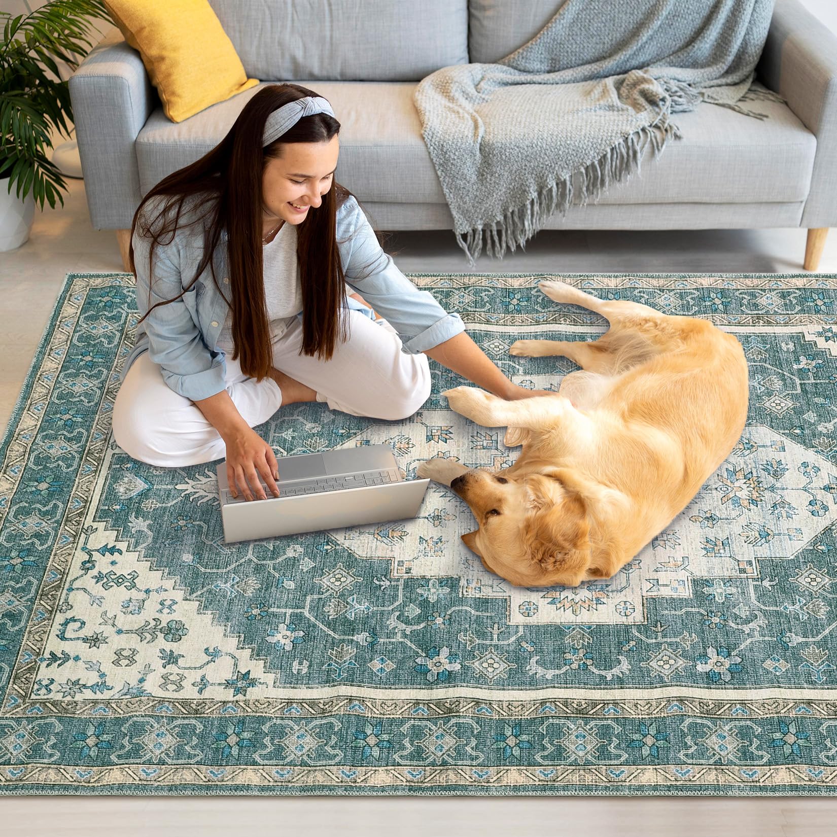 Garvee Green 4x6 Vintage Medallion Print Boho Area Rug, Washable Low Pile Carpet with Non-Slip Rubber Backing, Foldable Non-Shedding Floor Mat for Dining Room, Office, Bedroom, Living Room - Image 5