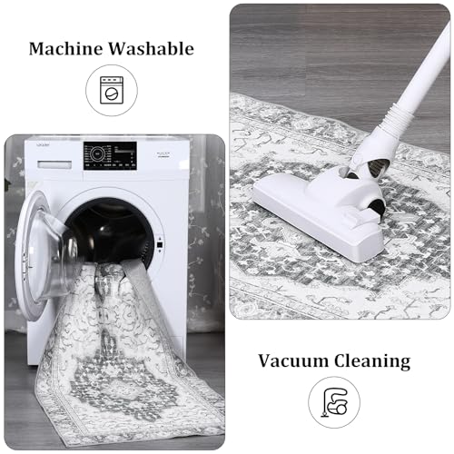 Garvee Washable Vintage Floral Area Rug 4x6- Non-Slip Print, Non-Shedding, Soft Foldable Carpets for Dining Room, Bedroom, Living Room, Kitchen Entryway, Grey - Image 5