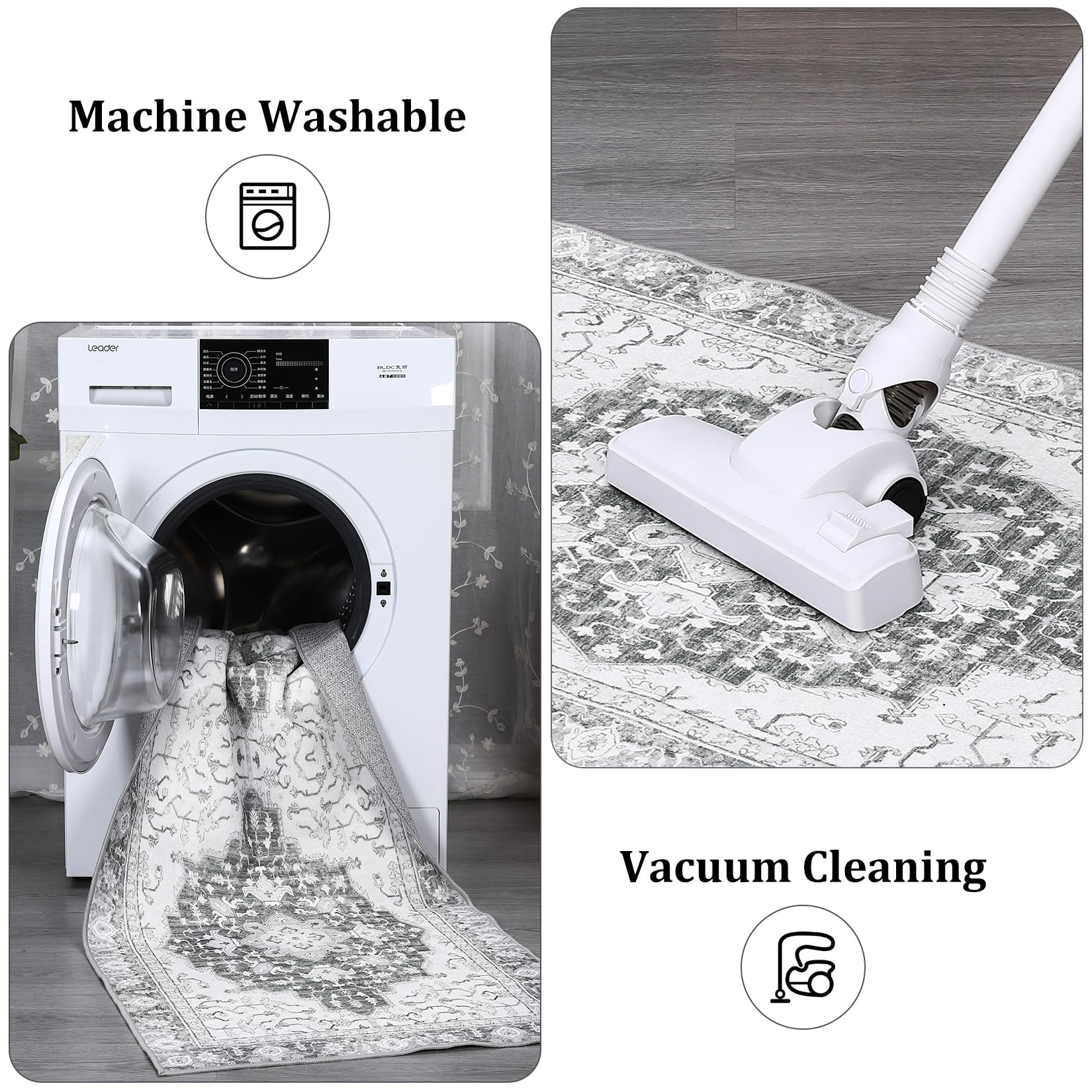 Garvee Washable Vintage Floral Runner Rug 2x6- Non-Slip Print, Non-Shedding, Soft Foldable Carpets for Dining Room, Bedroom, Living Room, Kitchen Entryway, Grey - Image 3